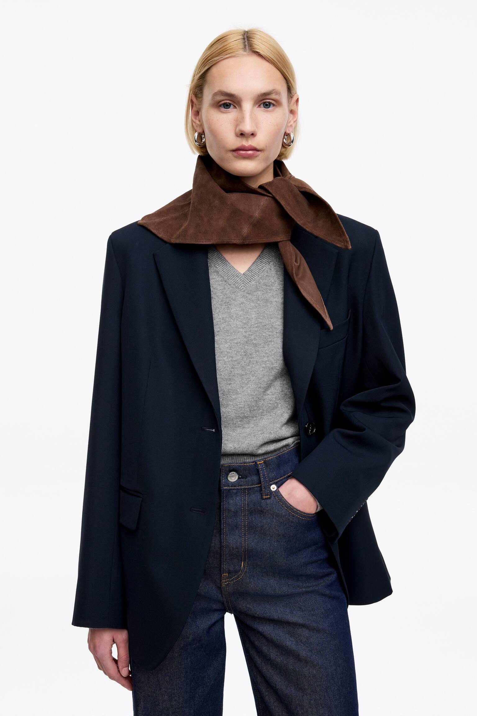 Sveter s výstrihom do V z bavlny a vlny - Sivá melírovaná/Hnedá - 6