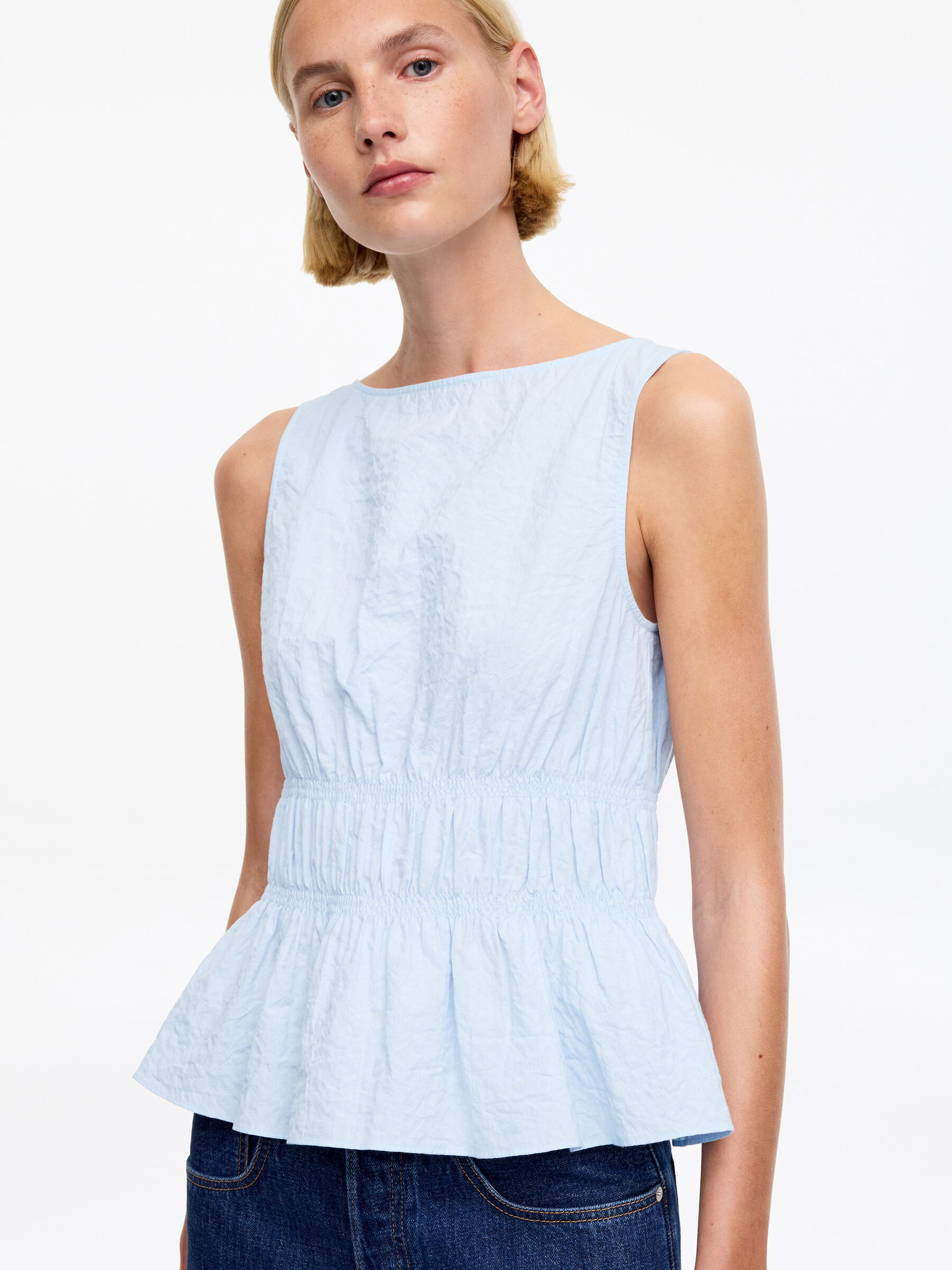 Seersucker Smock Top - Light Blue - Slim fit - Women - StillMedia/Lookbook - 4