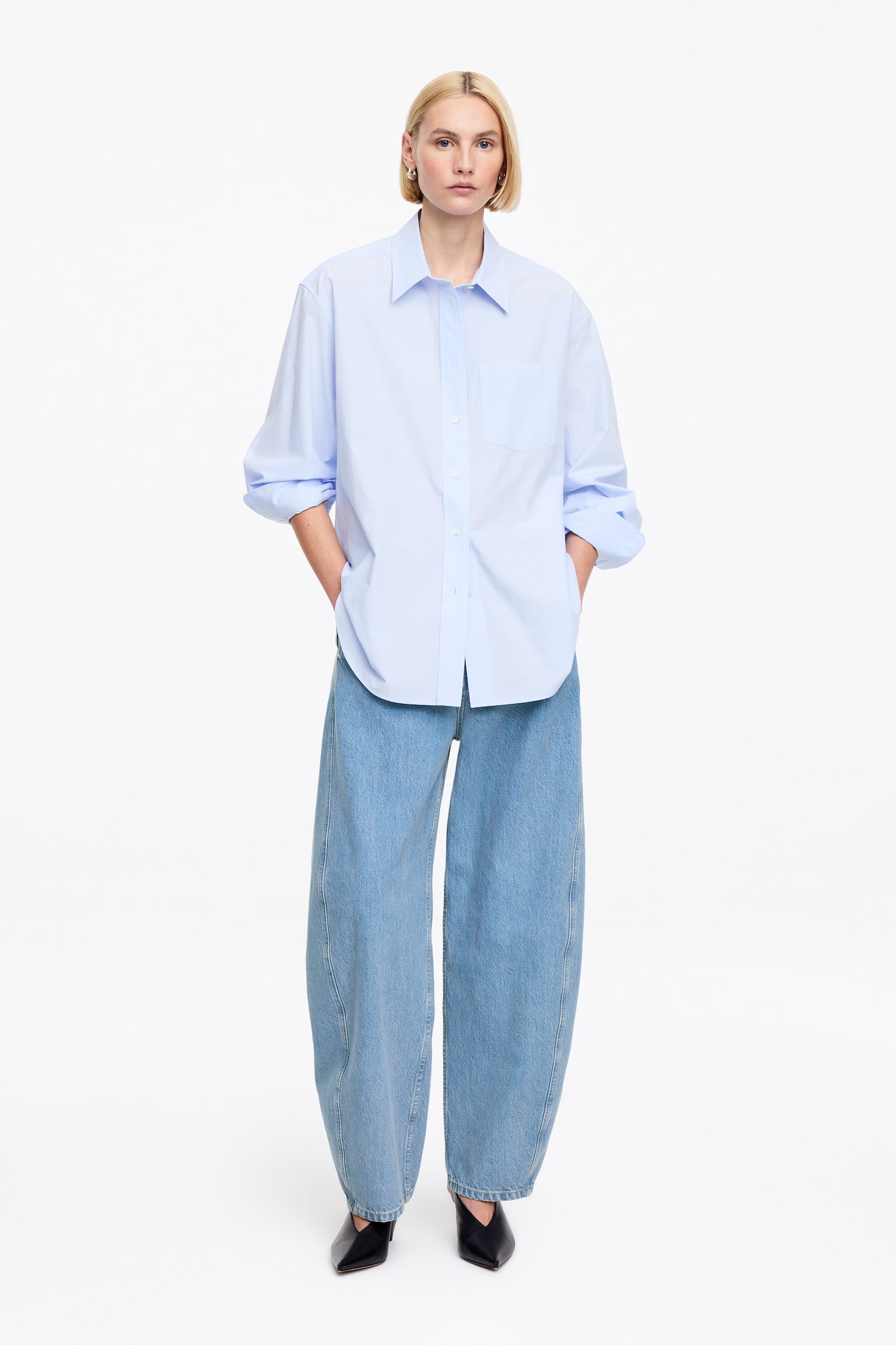 Calças de ganga de corte barrel - Azul médio/Branco/Azul com lavagem/Azul claro - 1