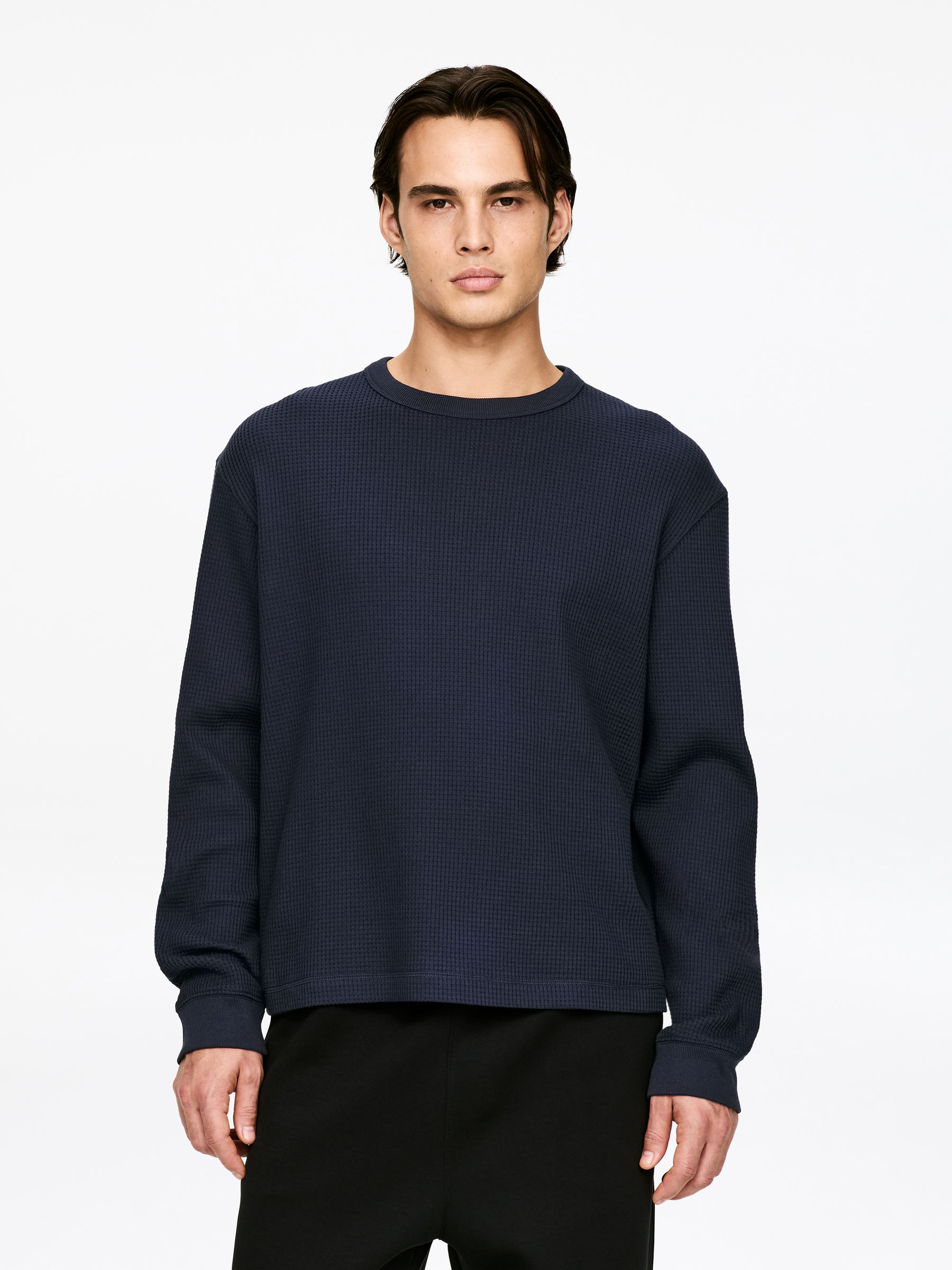 Långärmad våfflad t-shirt-#40424E-17711