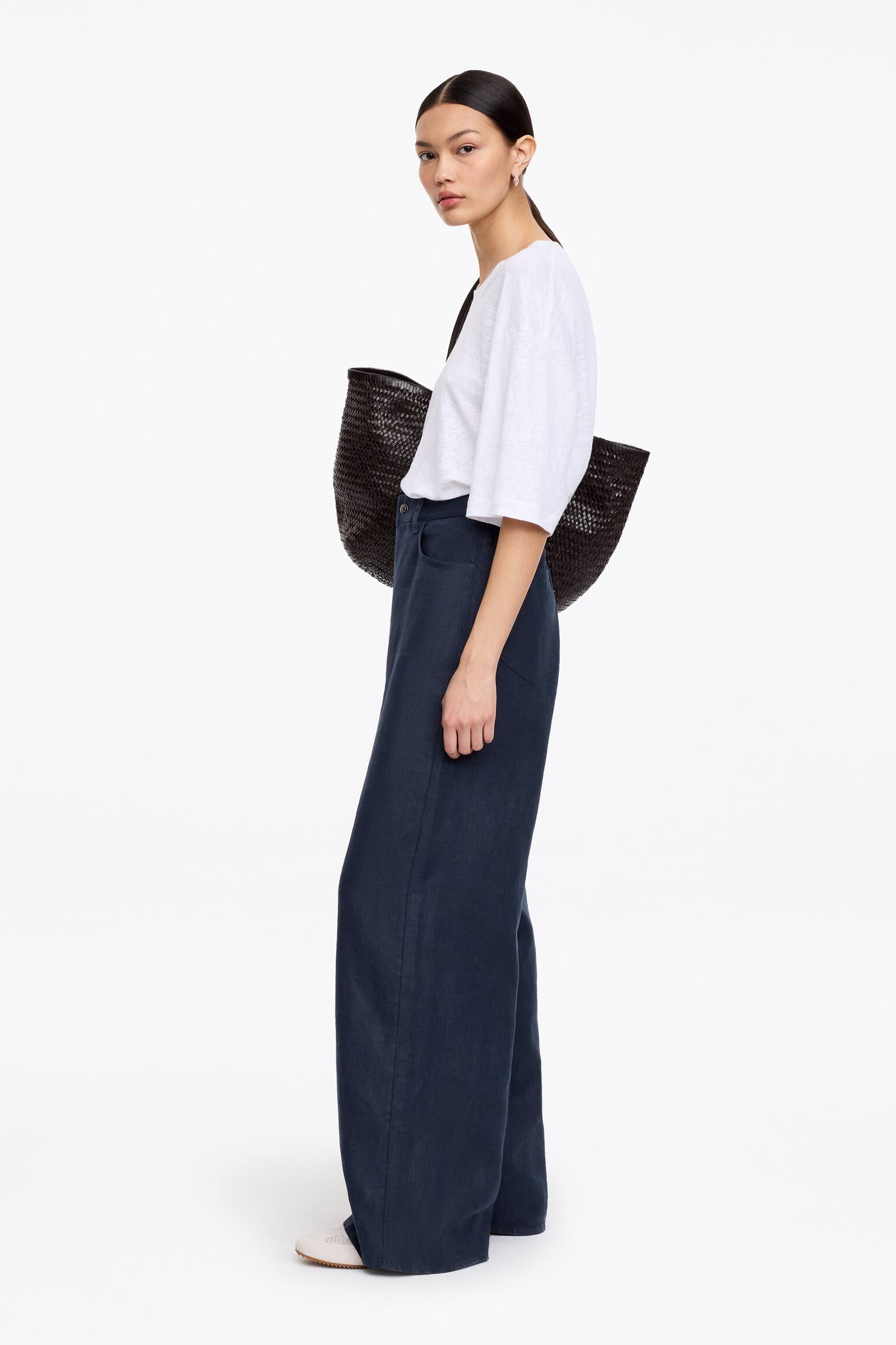 Pantalon en lin à cinq poches - Bleu foncé/Blanc - 5