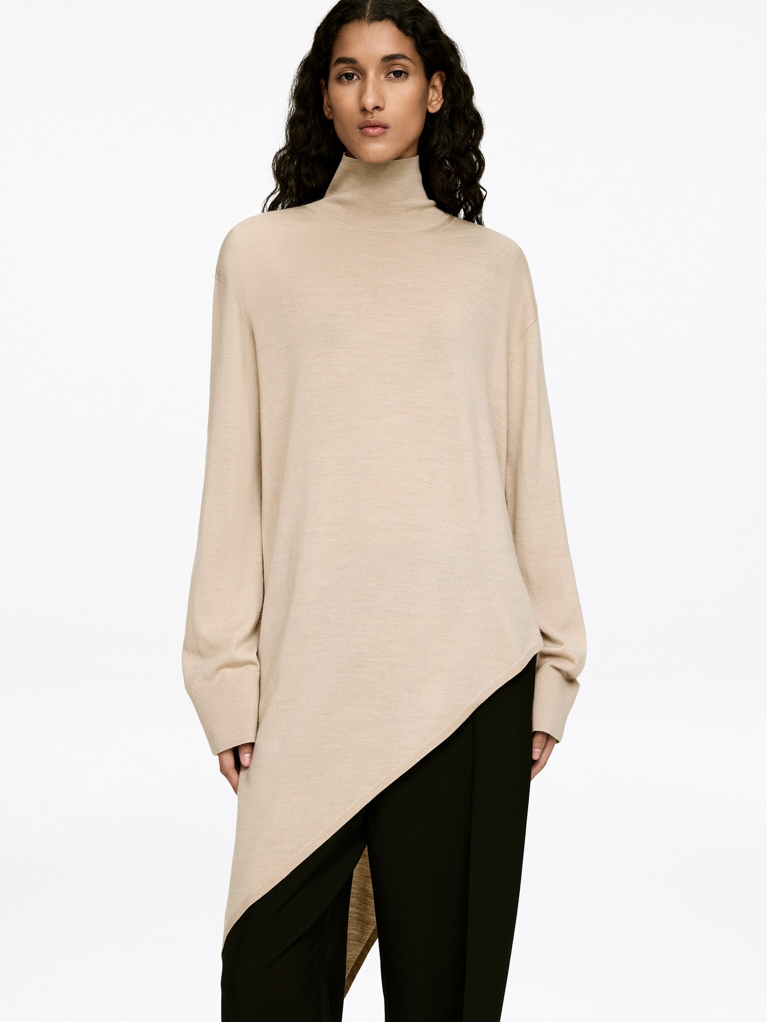 Asymmetric Wool Jumper - Light Beige - 3