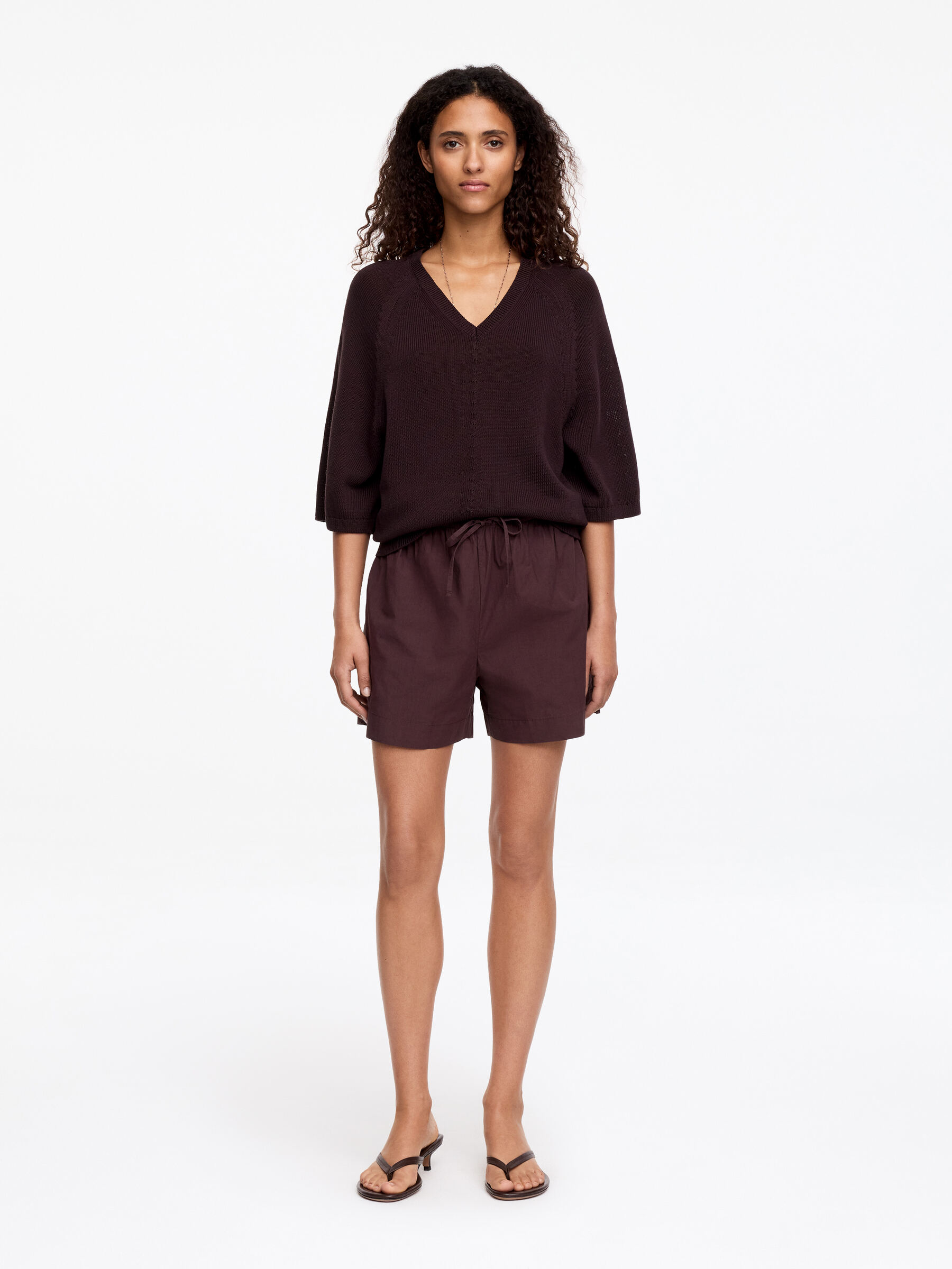 Drawstring Poplin Shorts-#3C2A2B-19135