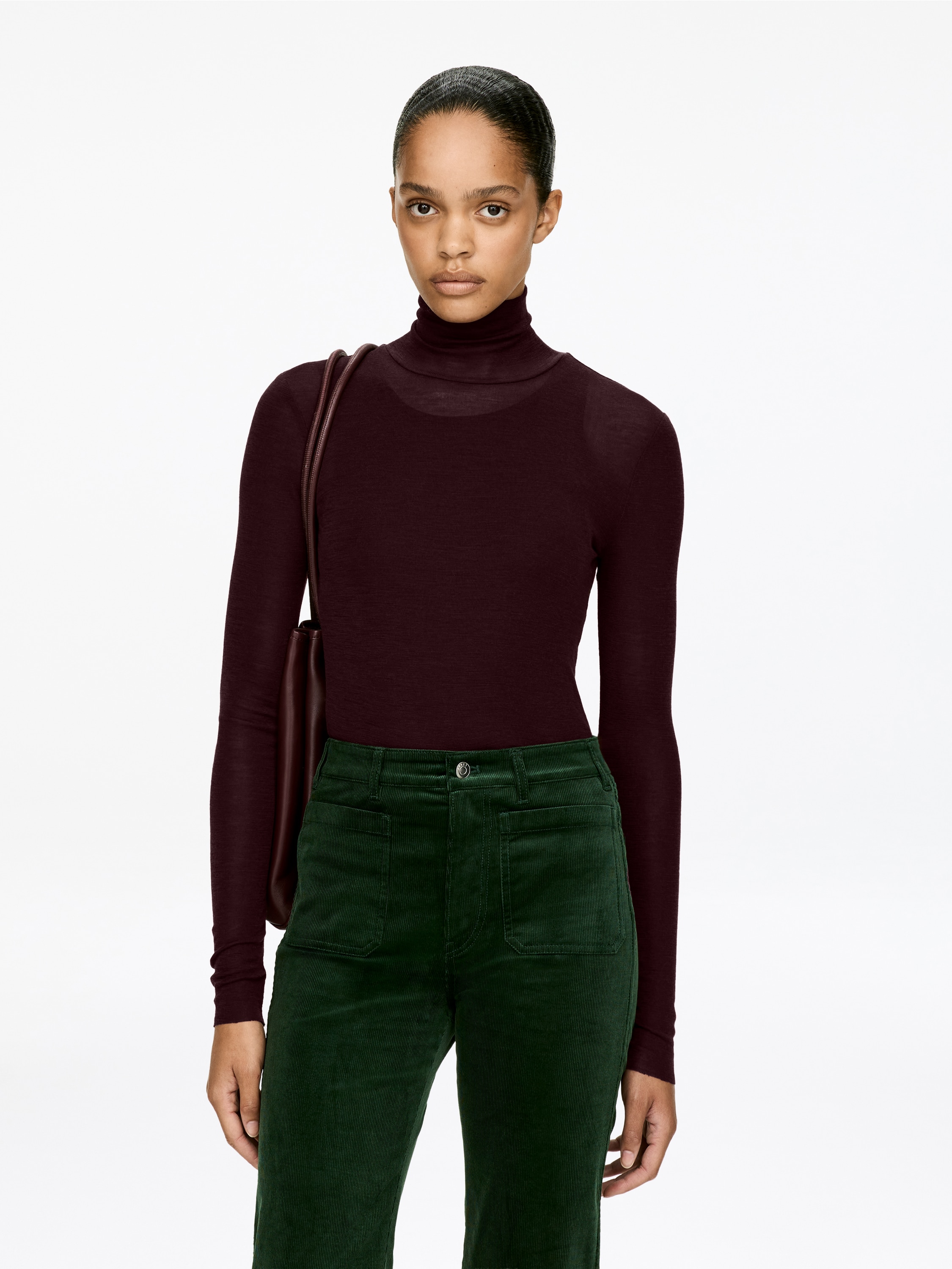 Roll-Neck Wool Top - Ciemnoczerwony/Czarny