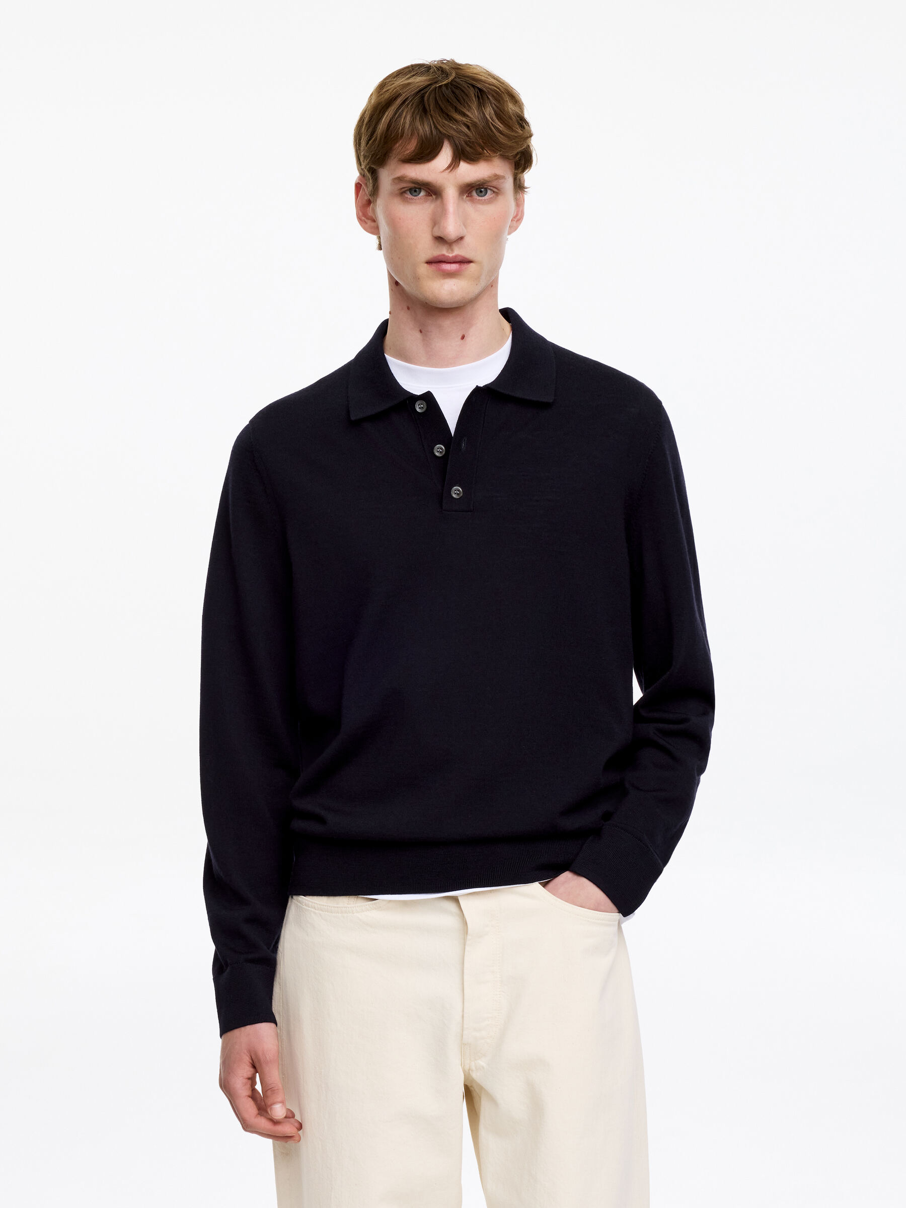 Jersey tipo polo de lana merino - Azul oscuro - Corte estándar - Men - StillMedia/Lookbook - 57