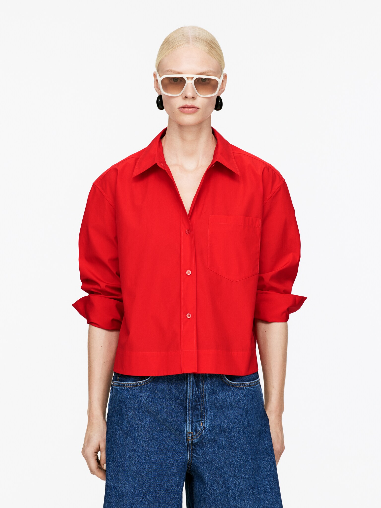 Camicia cropped in cotone - Rosso/Blu
