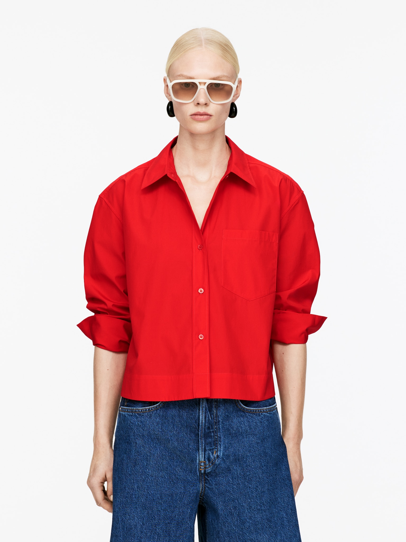 Camicia cropped in cotone - Rosso/Blu