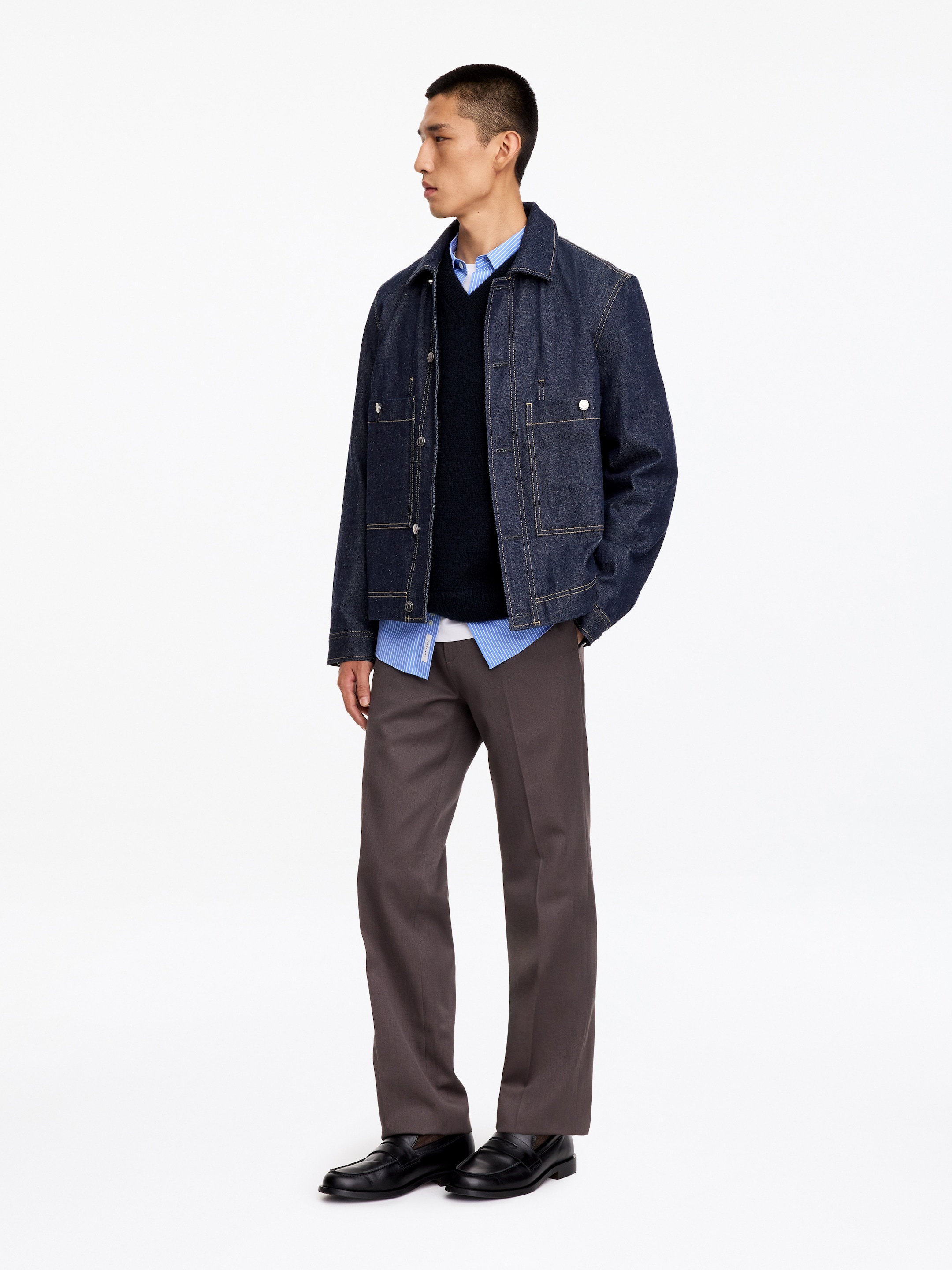 V-ringad bouclétröja - Mörkblå - Regular fit - men - StillMedia/Lookbook - 4