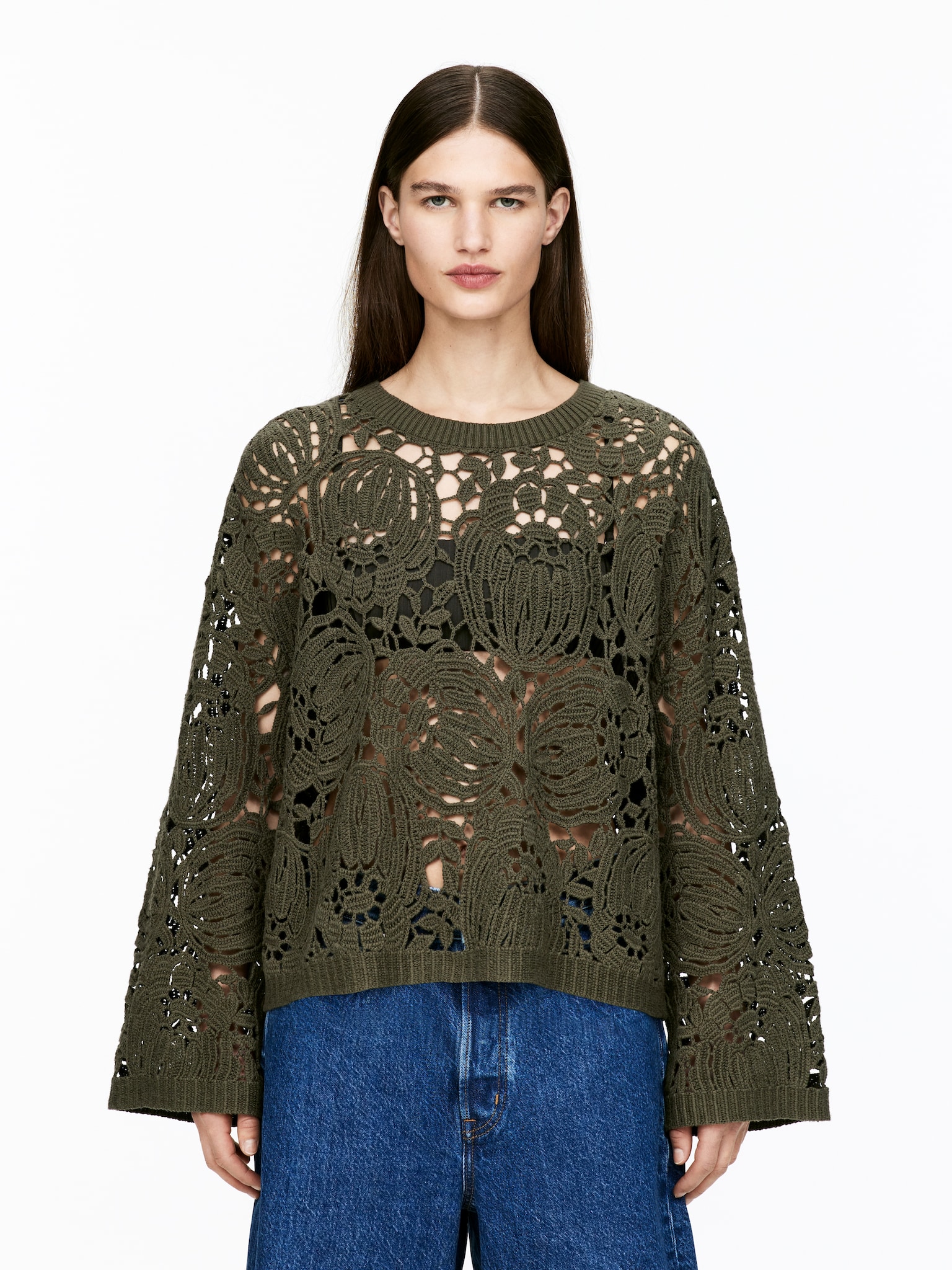 Pull en maille ajourée - Vert kaki