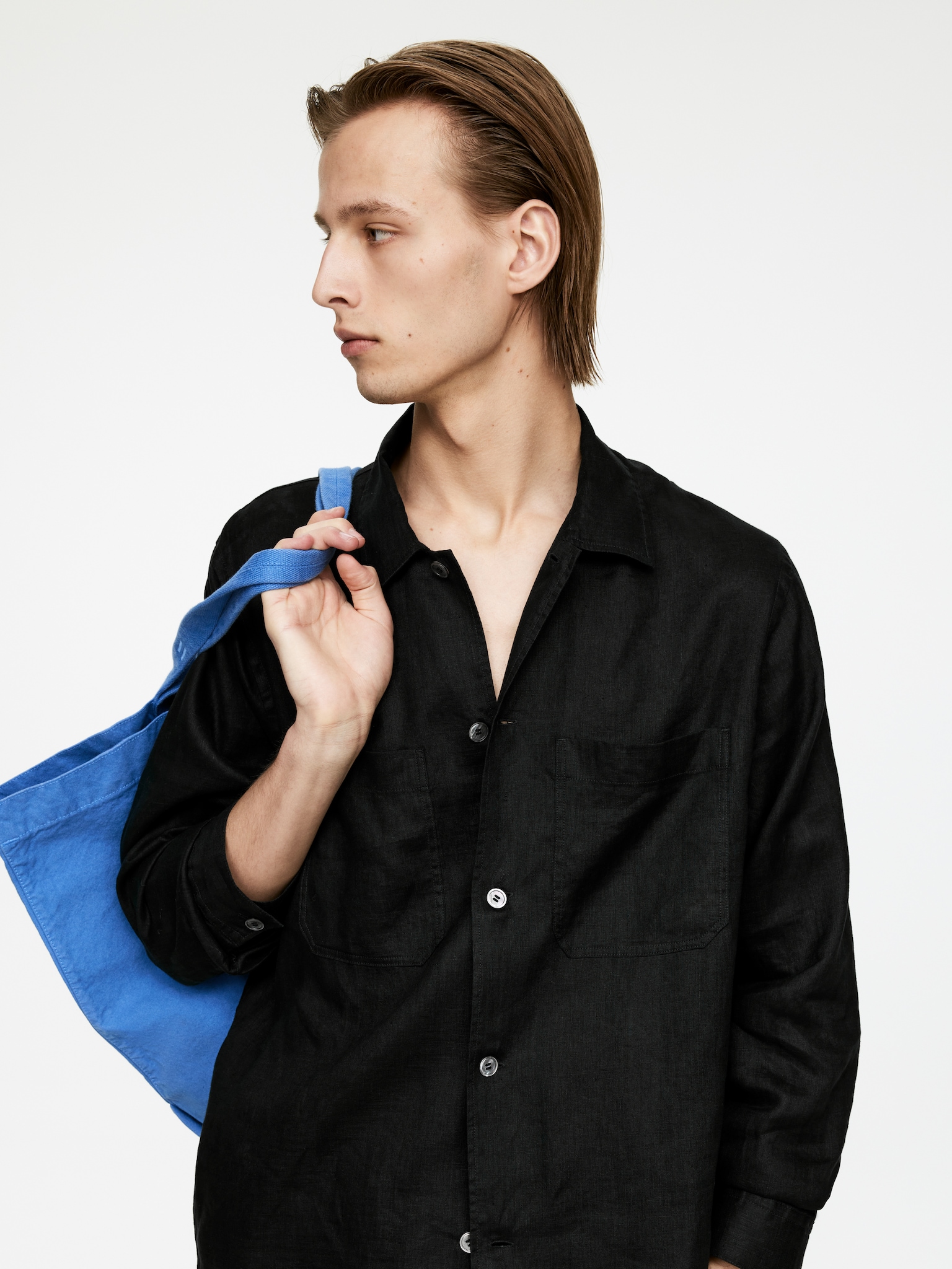 Chemise décontractée en lin - Noir/Beige/Bleu - 3