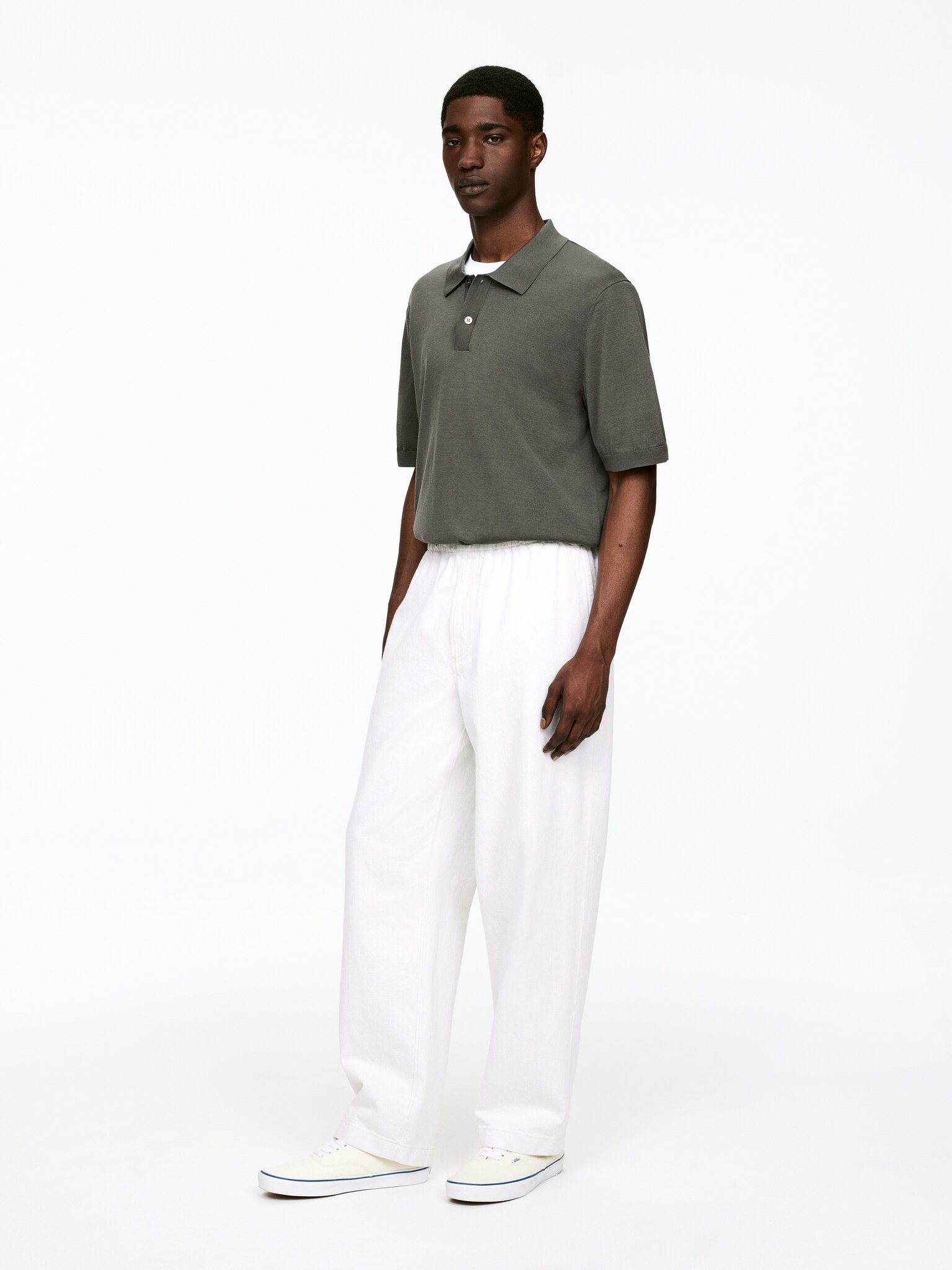 Polo en soie et coton - Vert kaki/Noir - 6