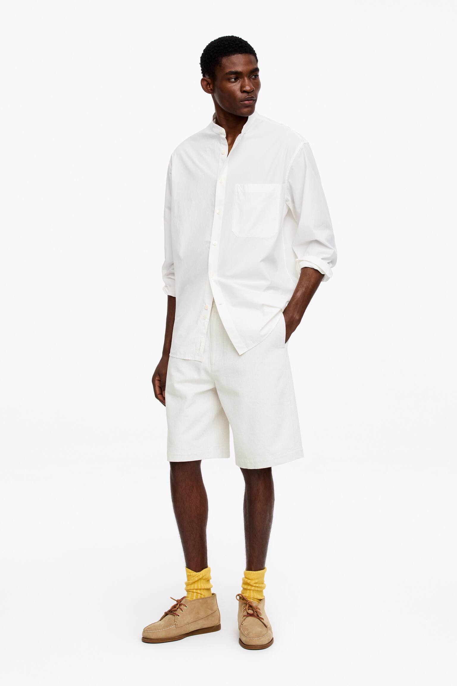 Lockere Shorts aus Baumwolle und Leinen - Cremeweiß - 4