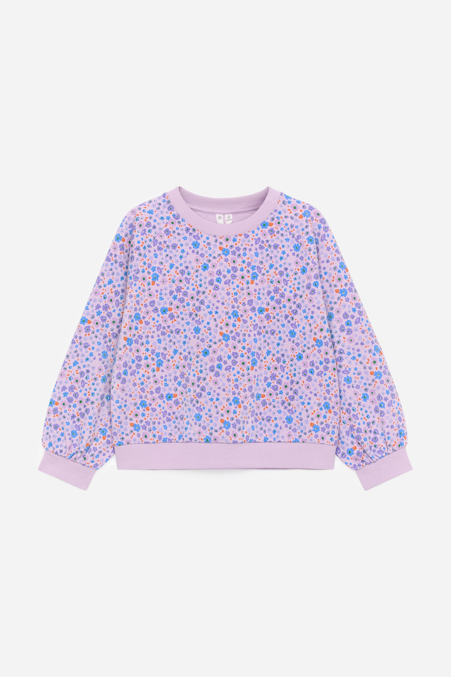 Größeres Bild anzeigen: Ein Sweatshirt ist von vorne zu sehen, mit einer fliederfarbenen Basis und einem verstreuten Blumenmuster in Violett-, Blau- und Orangetönen. Es zeichnet sich durch eine kastige Passform, Raglanärmel und gerippte Abschlüsse am Rundhalsausschnitt, an den Bündchen und am Saum aus.