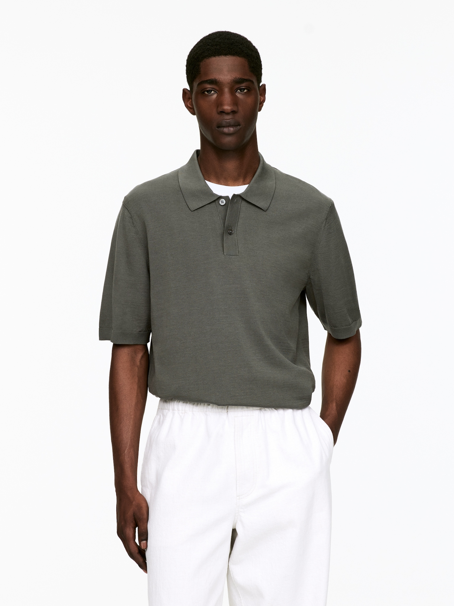 Polo en soie et coton - Vert kaki/Noir