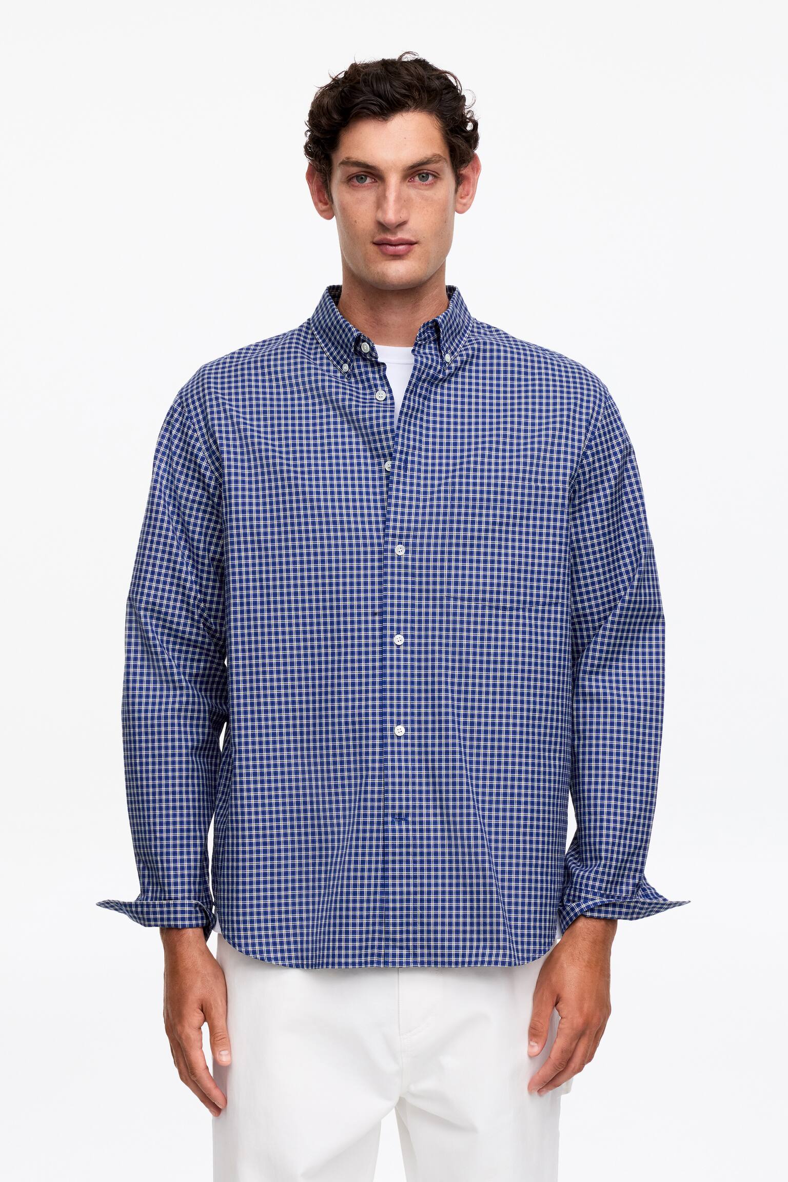 Camisa relajada de tejido microtexturizado - Azul - 1