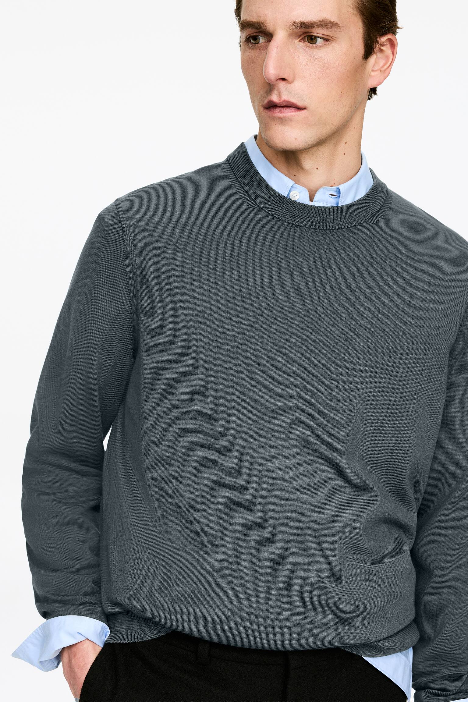 Finstickad tröja i merinoull - Mörkgrå/Mullvadsgrå/Dark Blue/Mörkgrön - 6