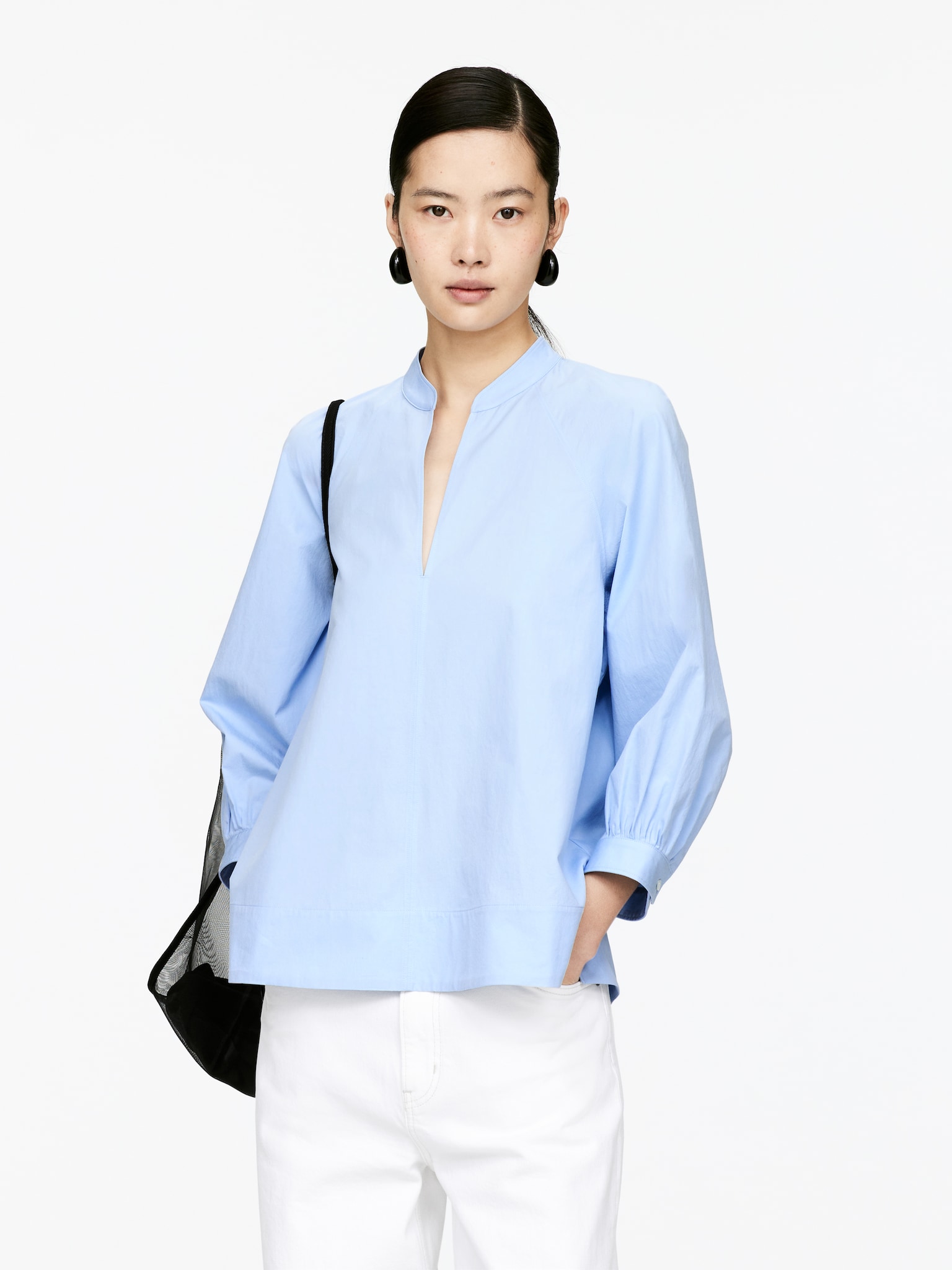 V-Neck Cotton Blouse - Light Blue
