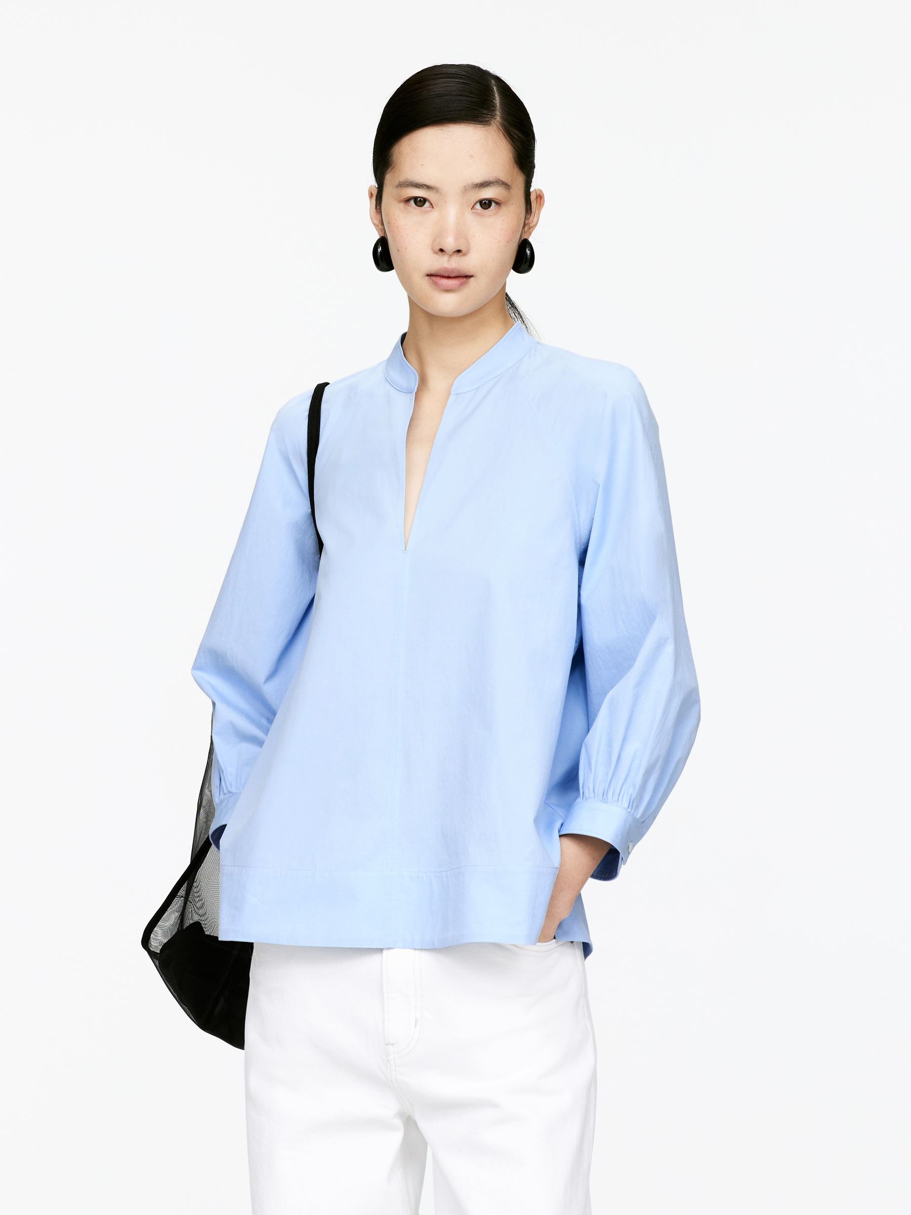 V-Neck Cotton Blouse-#A3BBE0-15798