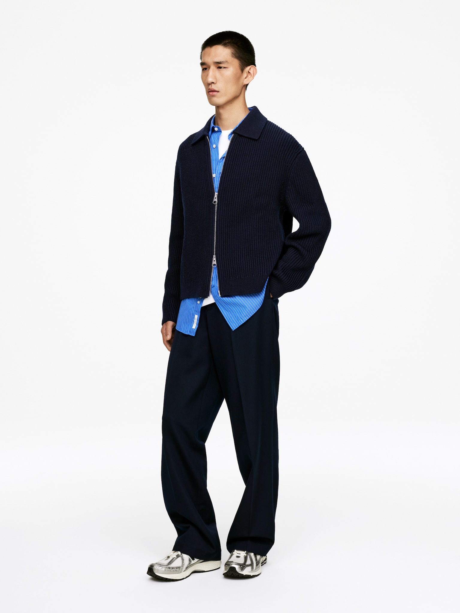 Cardigan zippé en laine et coton - Bleu foncé - 4