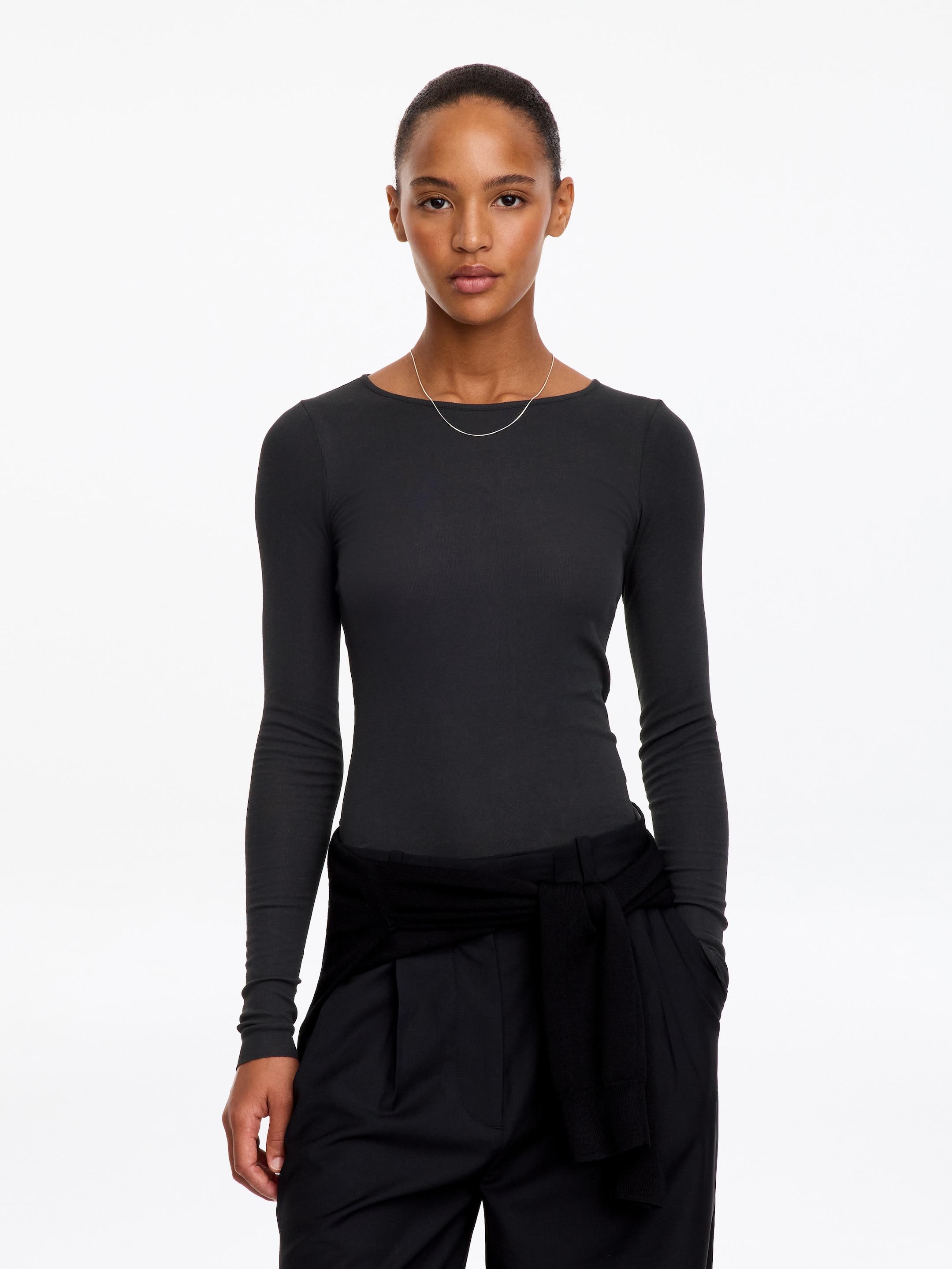 Top de manga larga de canalé transparente-Black-20676