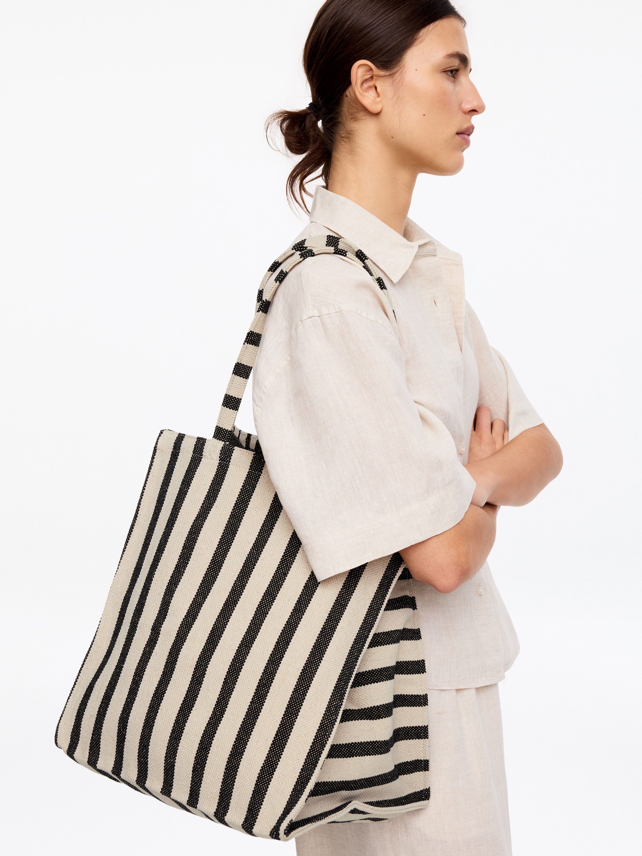 Tote bag i lærredsstof - Sort/råhvid/Blå/råhvid