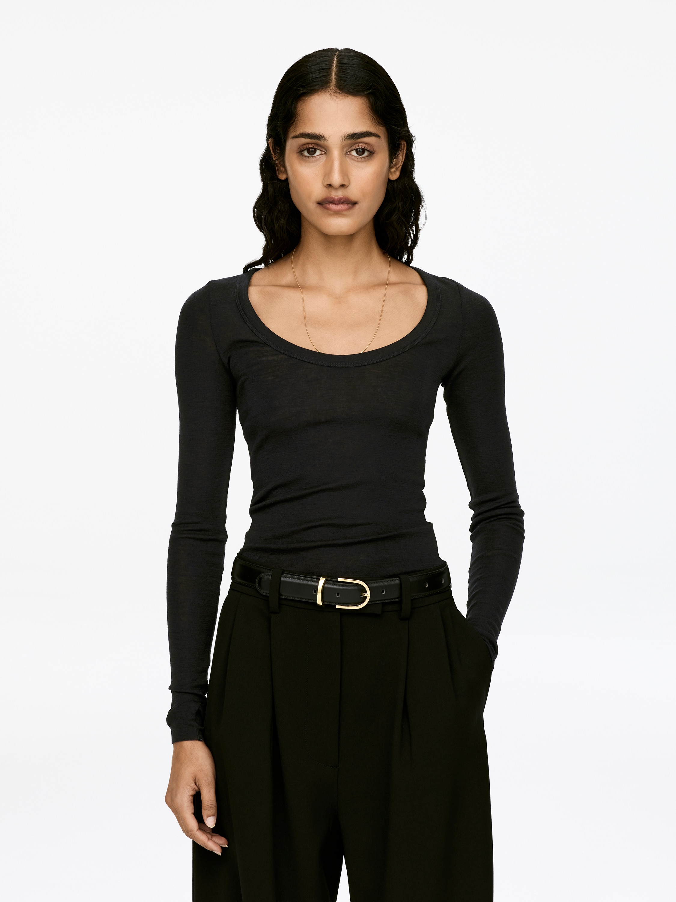 Rippstrick-Oberteil aus Wolle - Schwarz