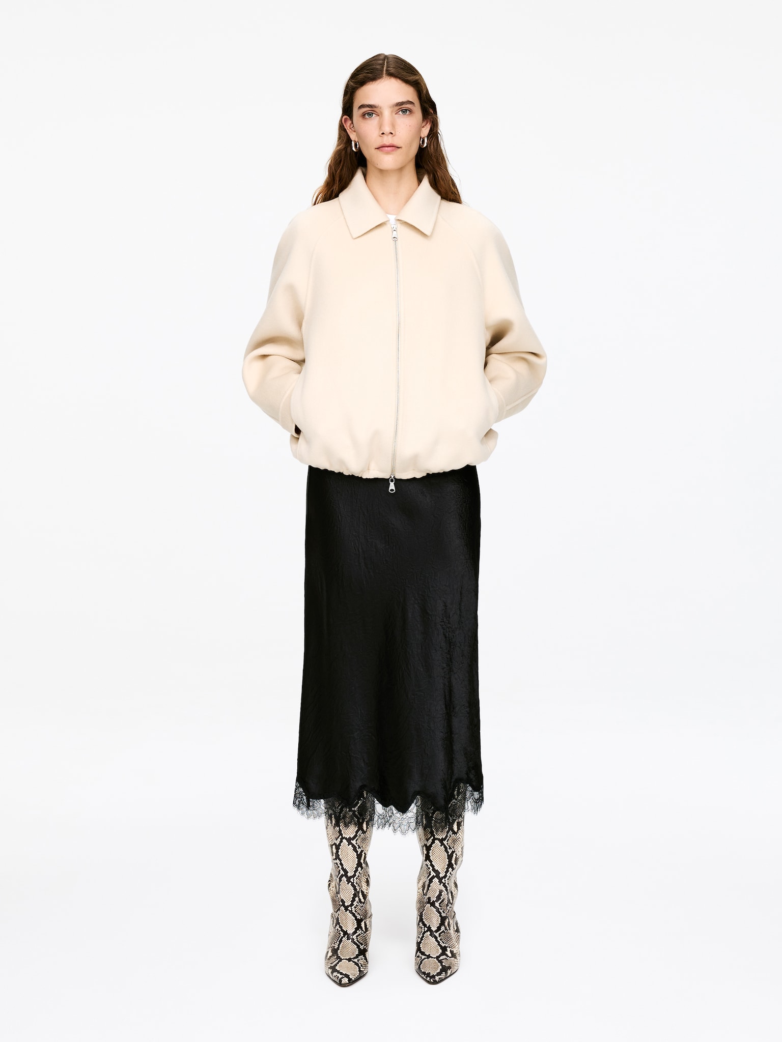 Lace-Detail Satin Skirt - Black/Dusty Turquoise - 1