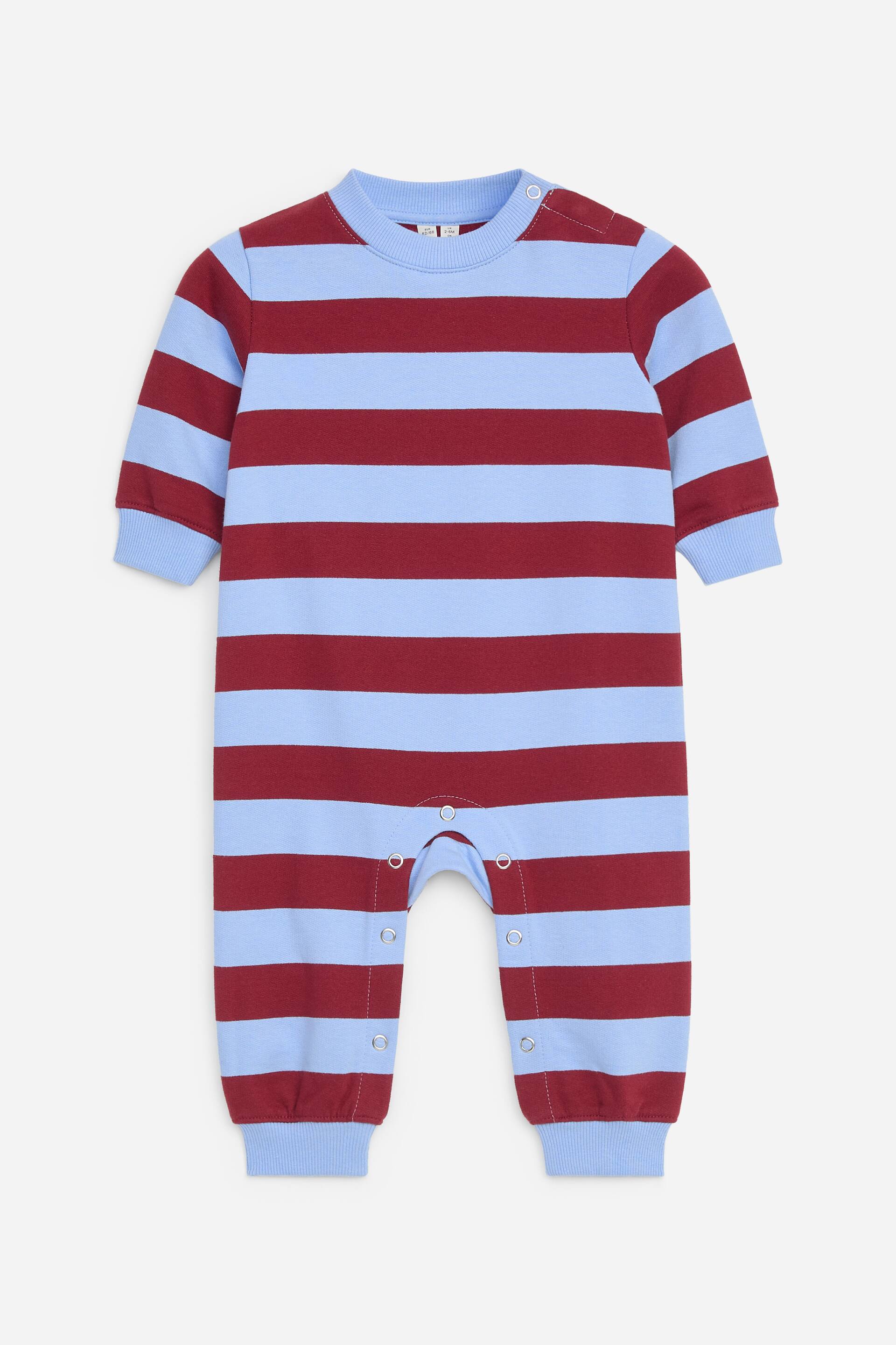 View larger image: A long-sleeved baby all-in-one is shown from the front, featuring horizontal stripes in light blue and maroon. The design includes a ribbed crew neck, ribbed cuffs at the sleeves and legs, and snap button fastenings at the shoulder and along the inner leg seam.