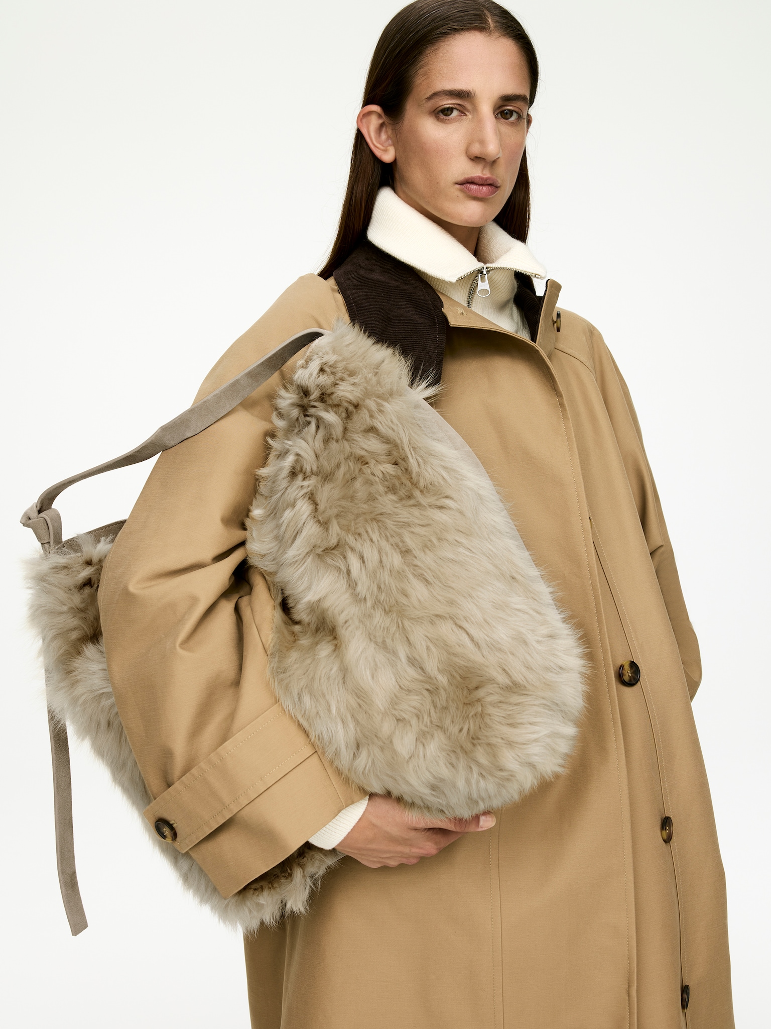 Sac cabas en daim et peau lainée - Beige - 1