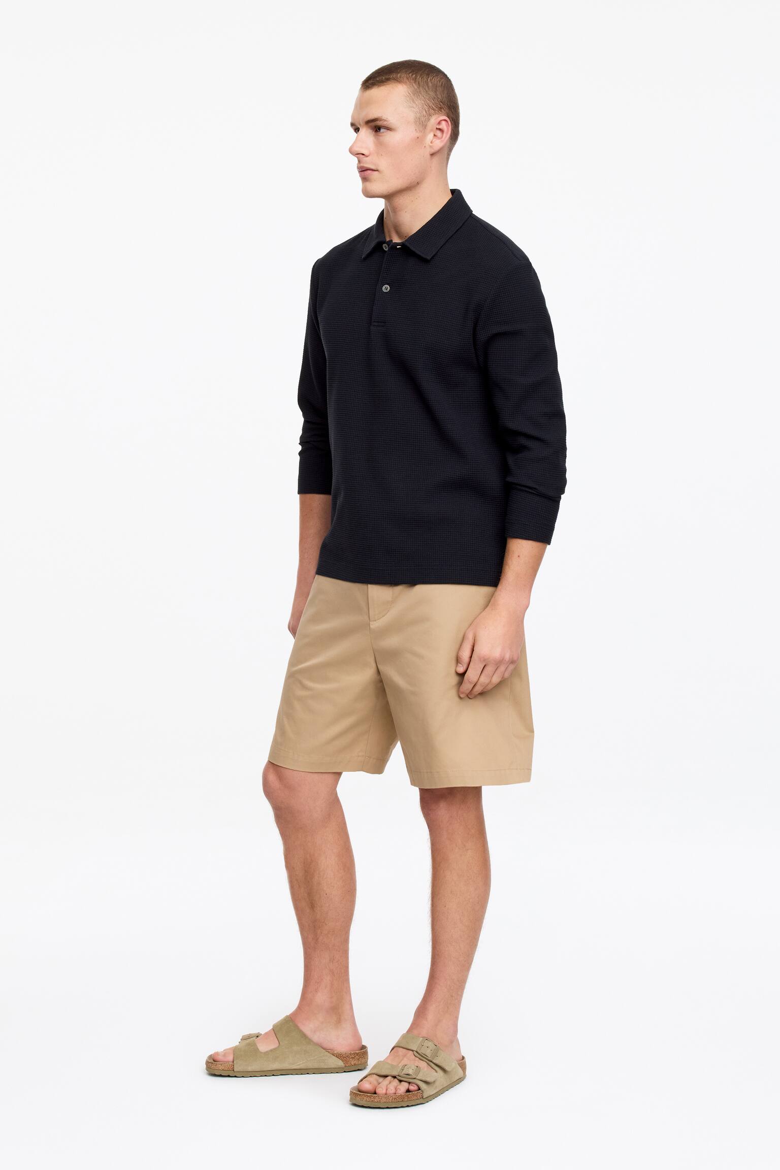 Поло риза с вафлена плетка - Тъмносиньо/Мол - 3