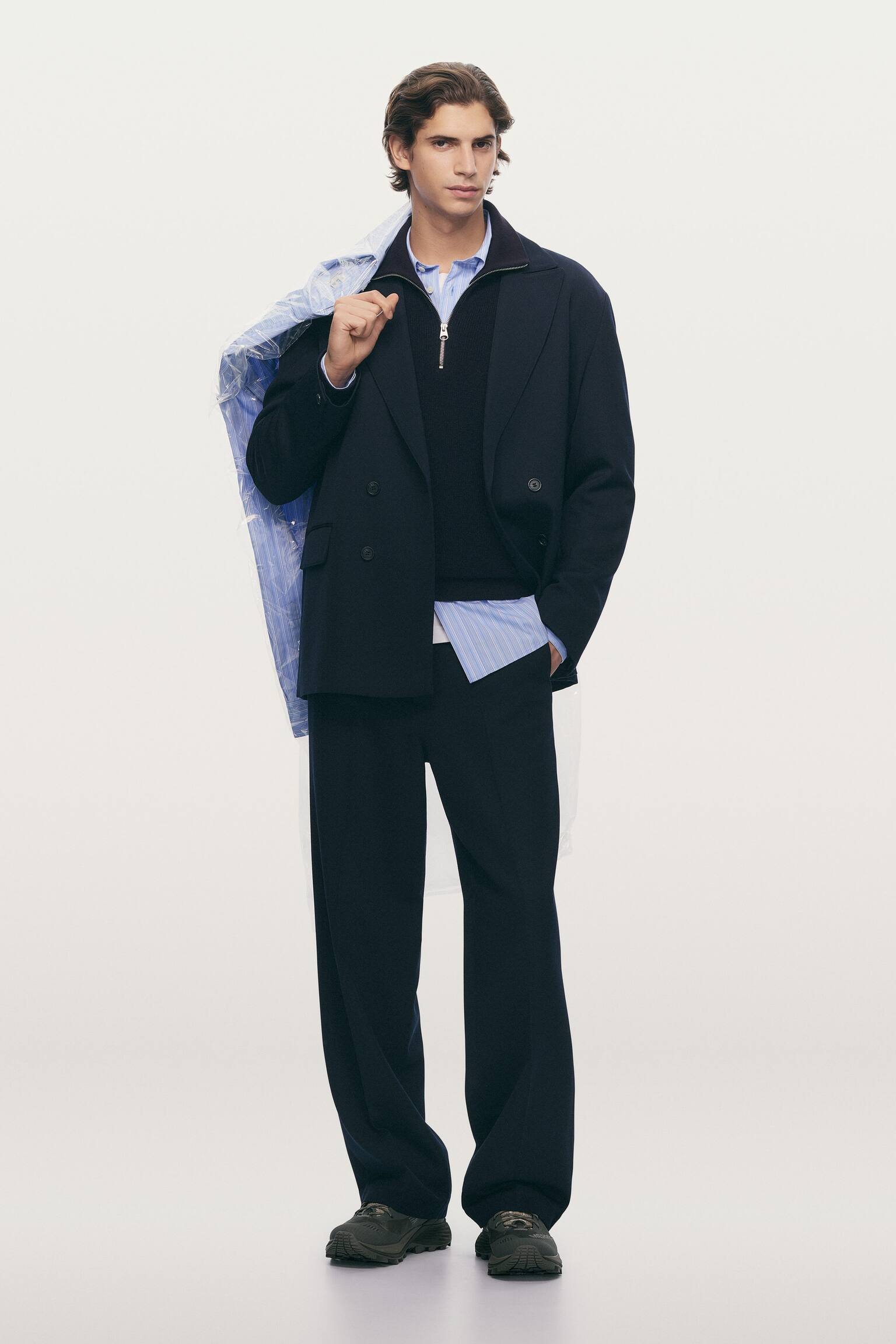 Pull demi-zip en laine et coton-Bleu foncé - 1