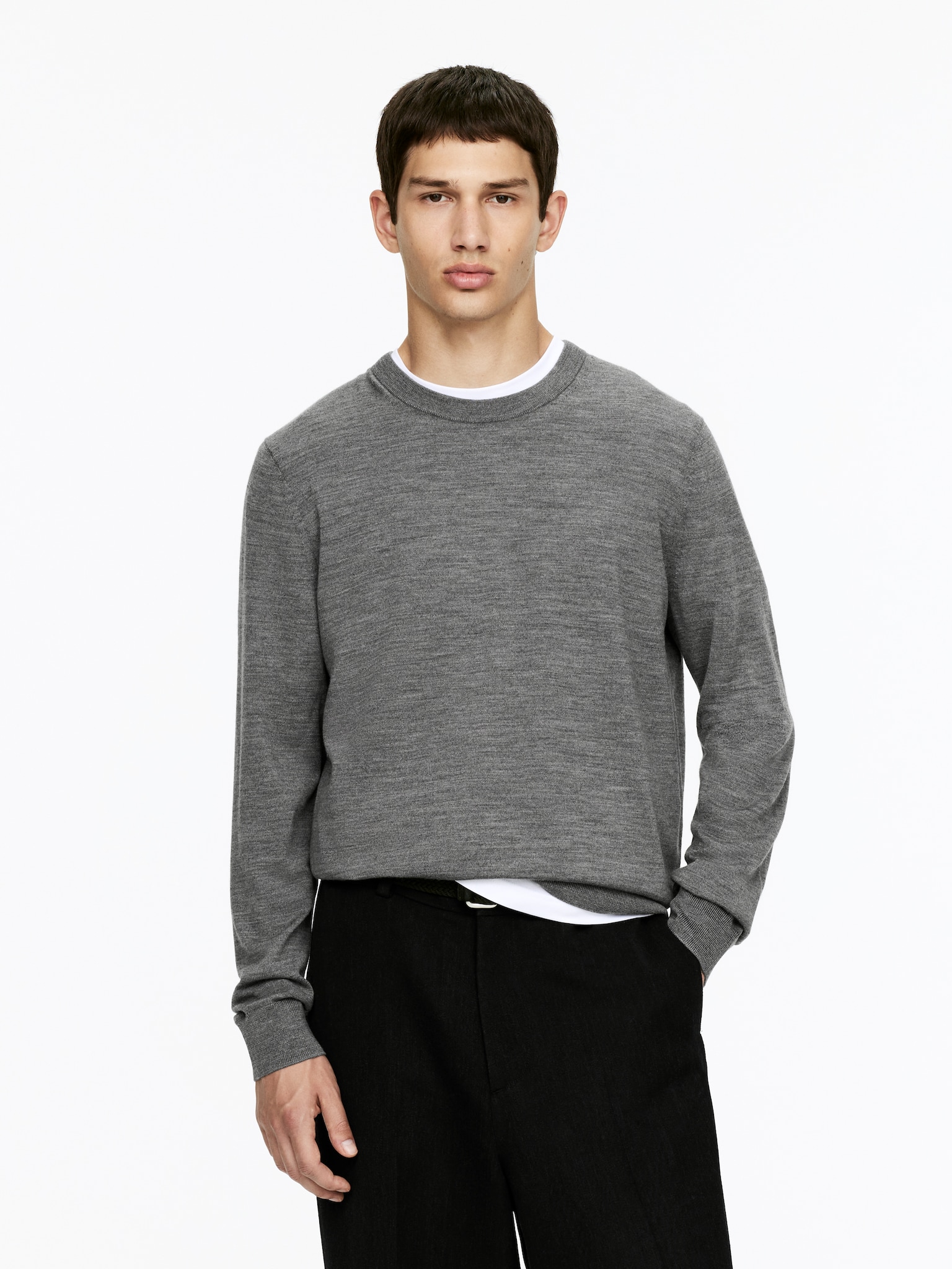 Pull en laine mérinos en maille fine - Gris chiné/Vert foncé/Marron foncé/Bleu foncé