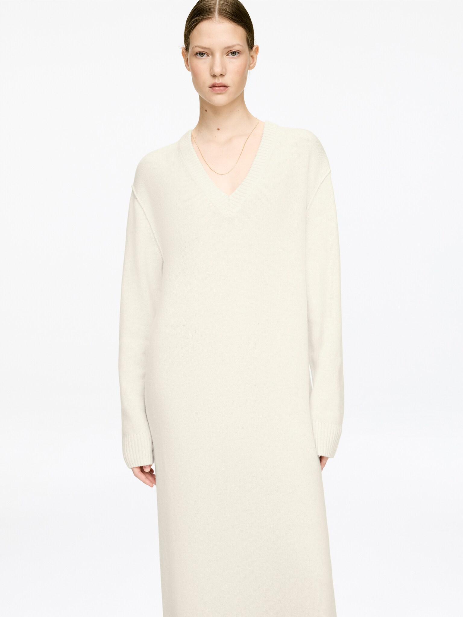 V-Neck Wool Dress - Off White/Black - 4