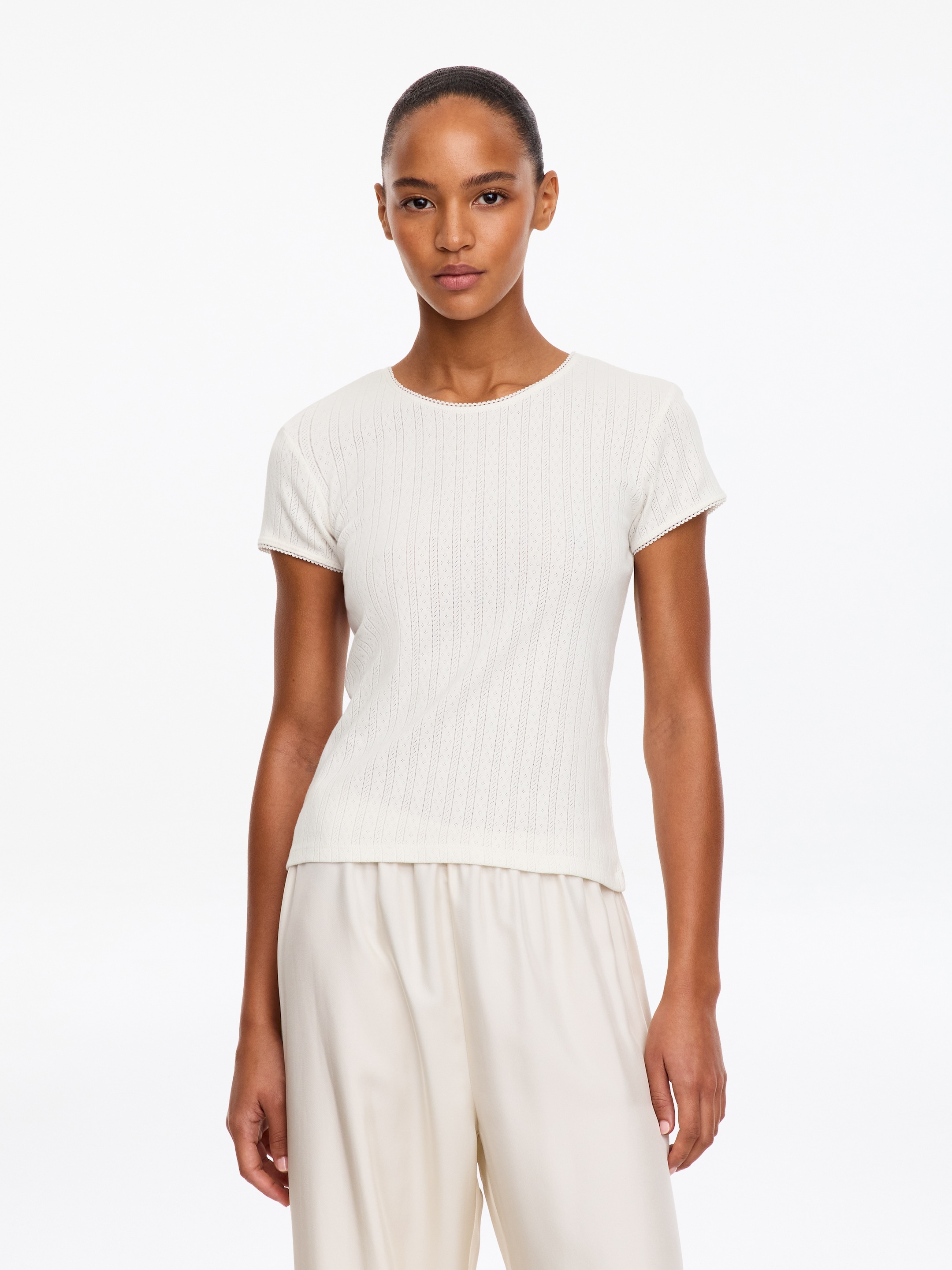 Pointelle short-sleeved top-White-20933
