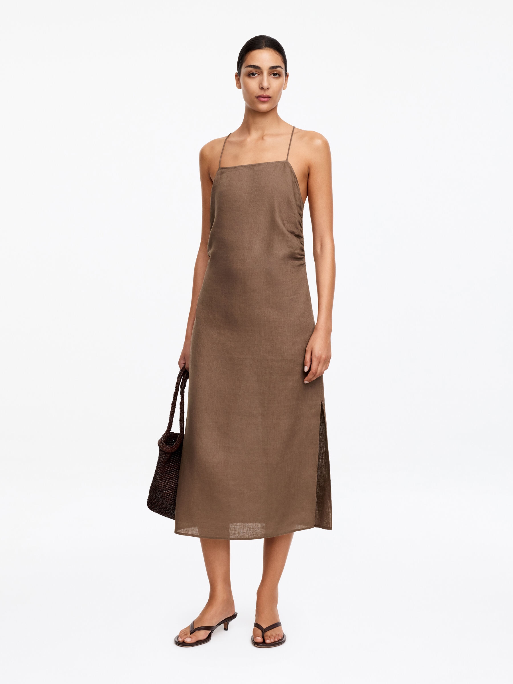 Linen Midi Dress-#65594F-19678