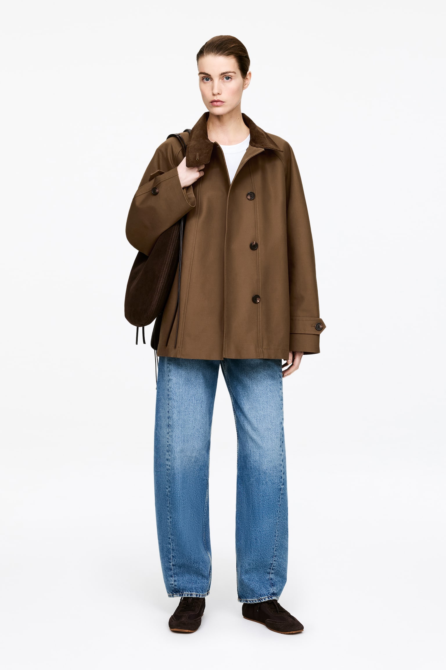 Jachetă cu guler din catifea reiată - Maro/Negru - 1