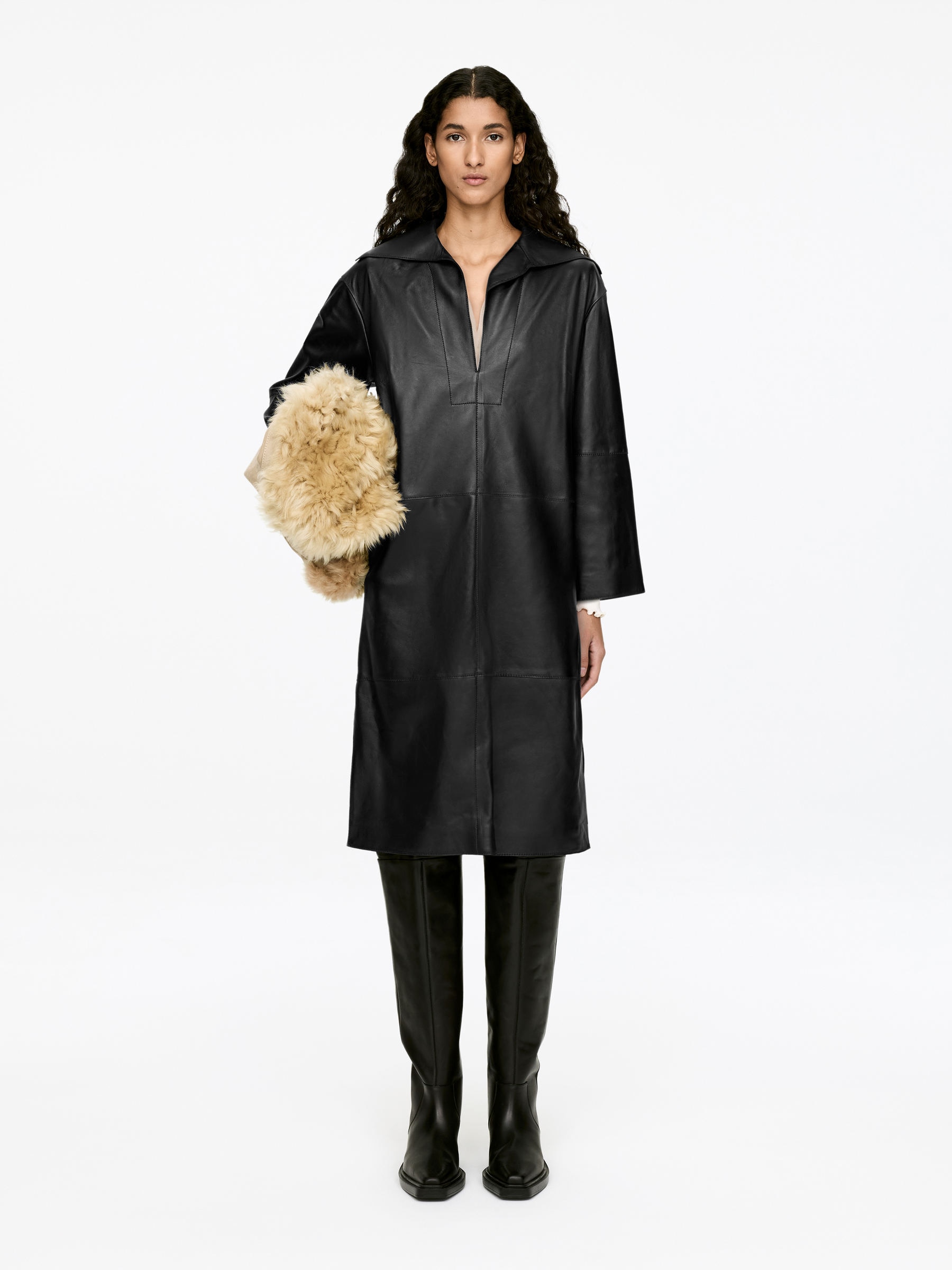 Open-Collar Leather Dress-#272628-13059