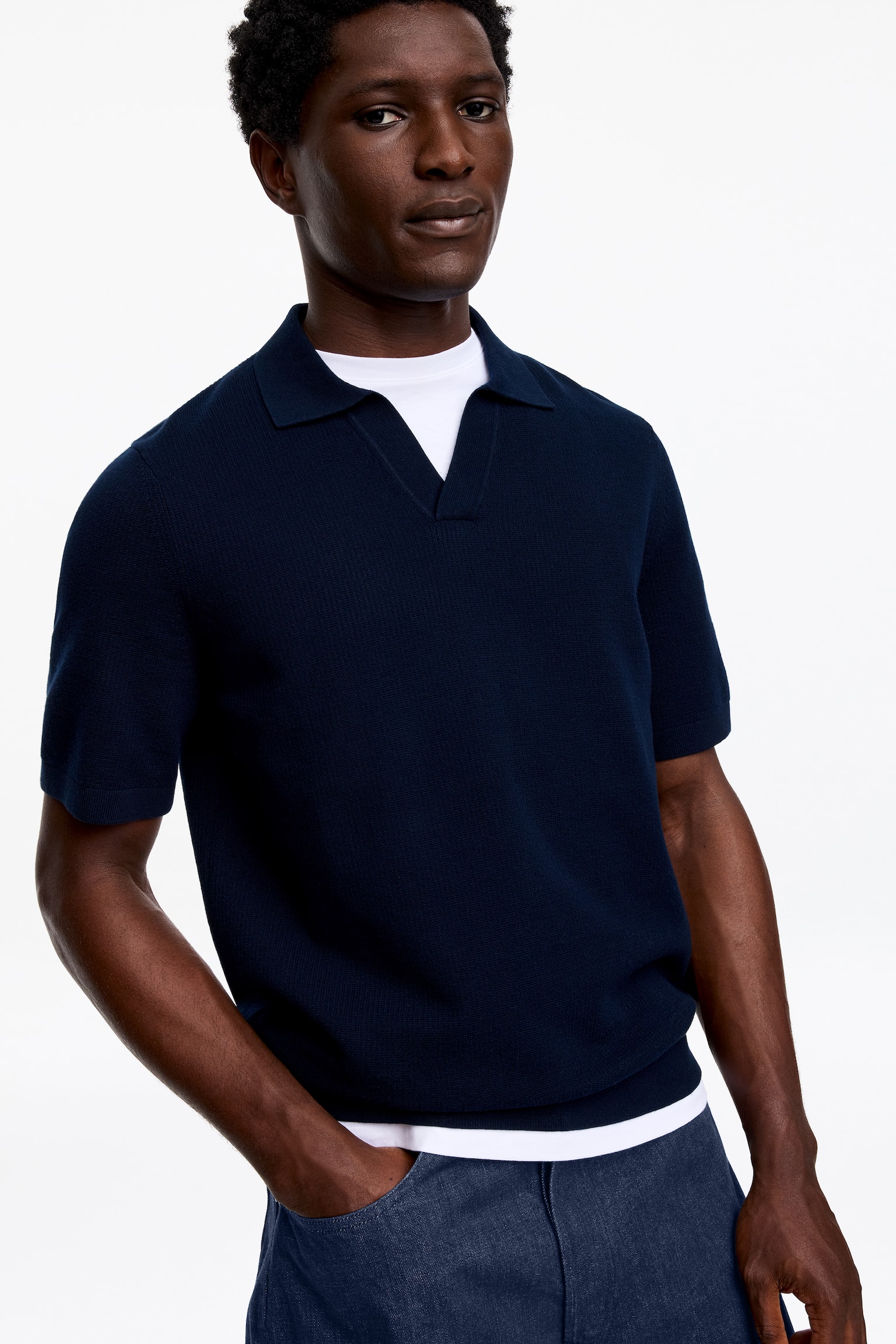 Strukturmønstret poloskjorte - Mørkeblå/Støvete mint/Offwhite - 6