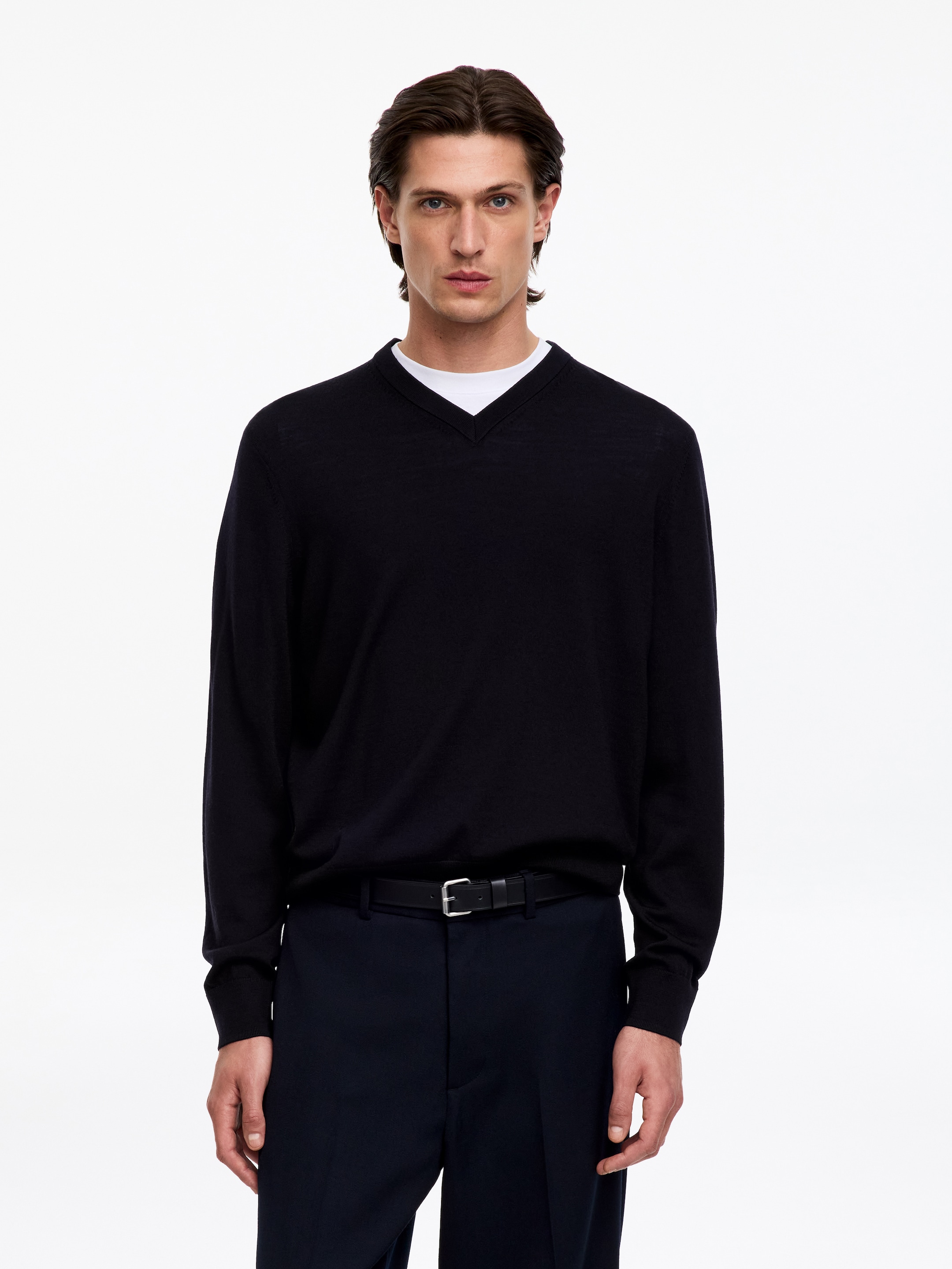 Jersey de lana merino con cuello de pico-Blue-20378