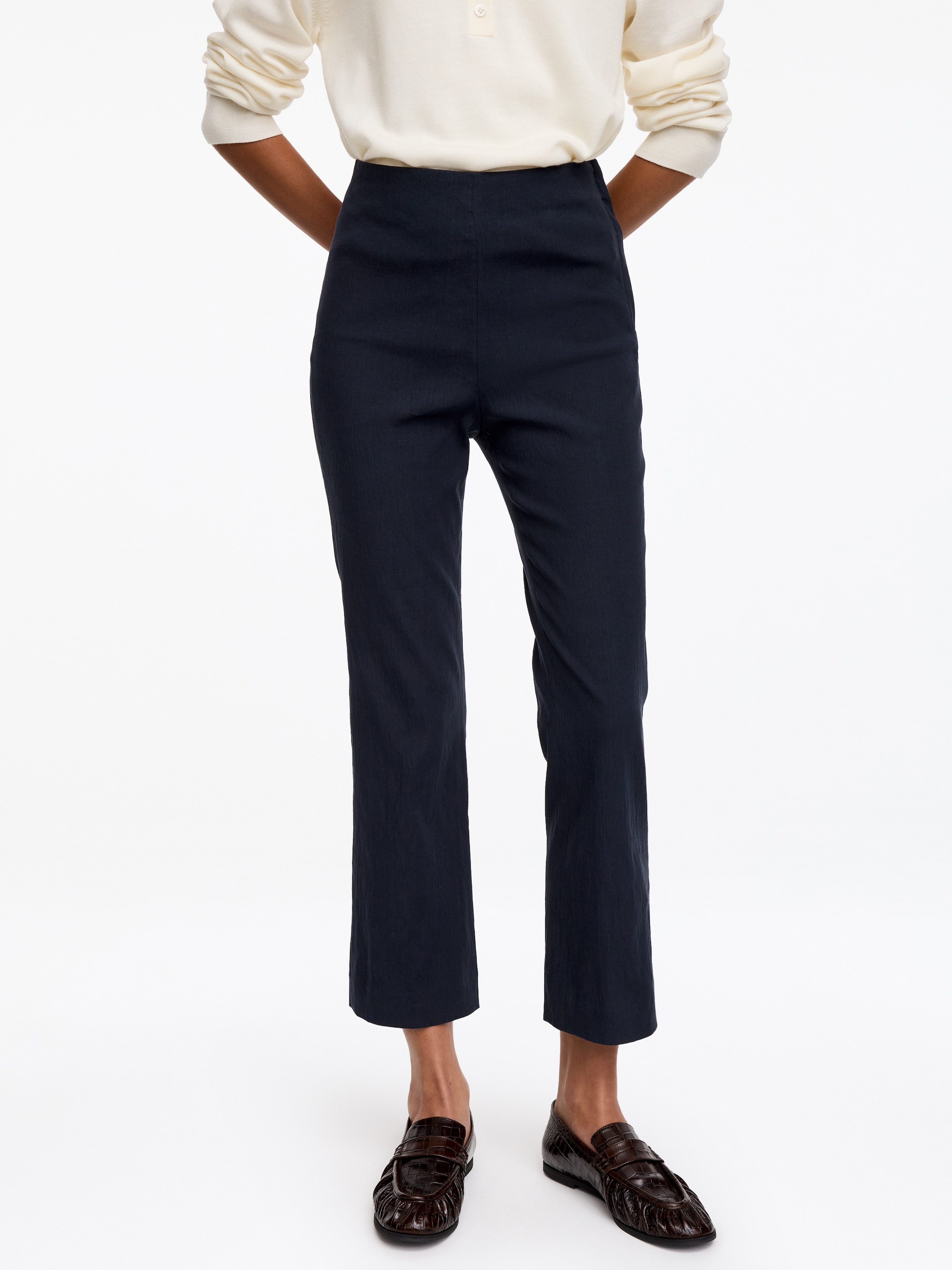 Pantalones acampanados de lino y algodón - Azul oscuro - Corte ajustado - women - StillMedia/Lookbook - 4