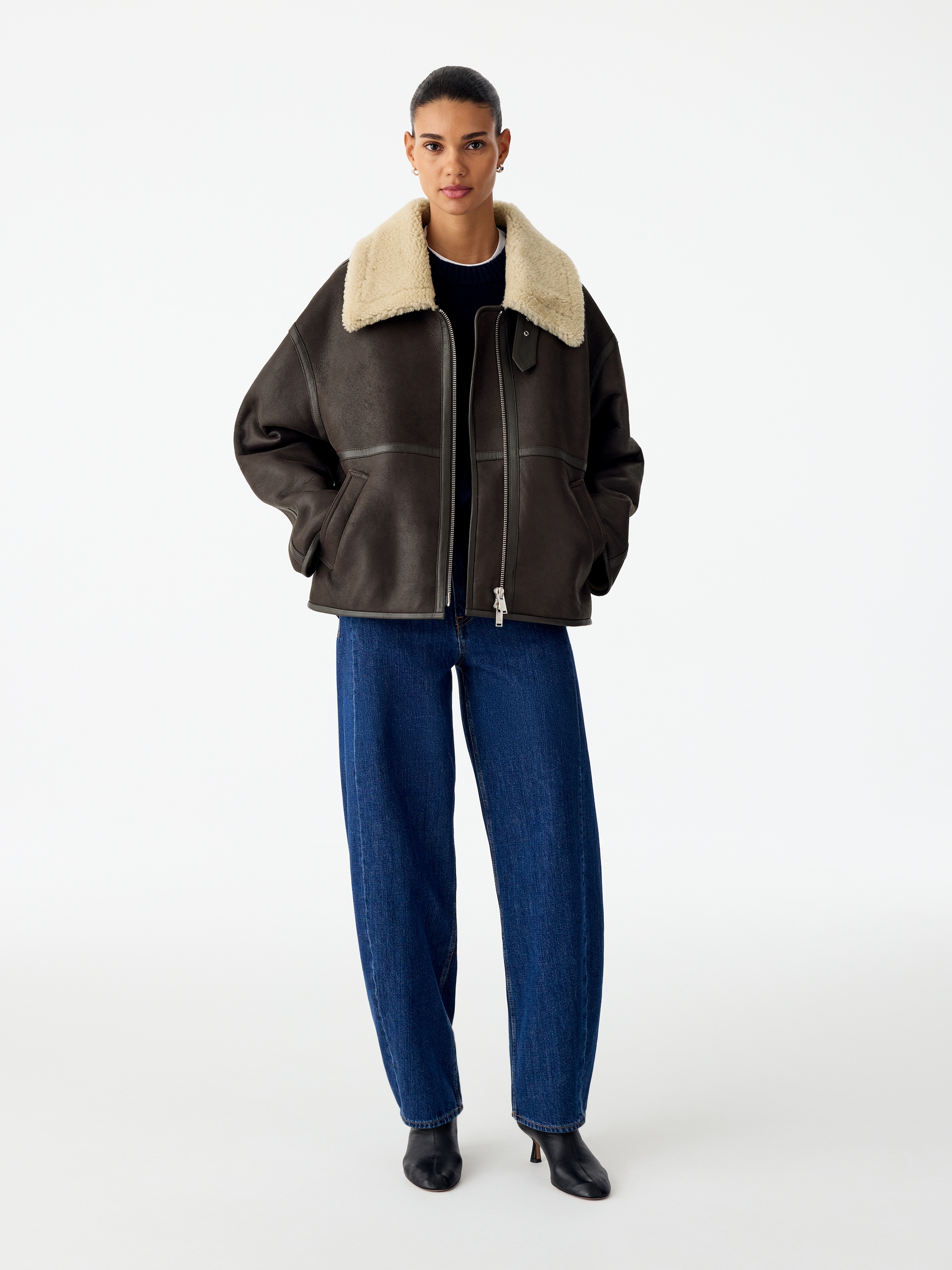 Leather Shearling Aviator Jacket-Brown-21316