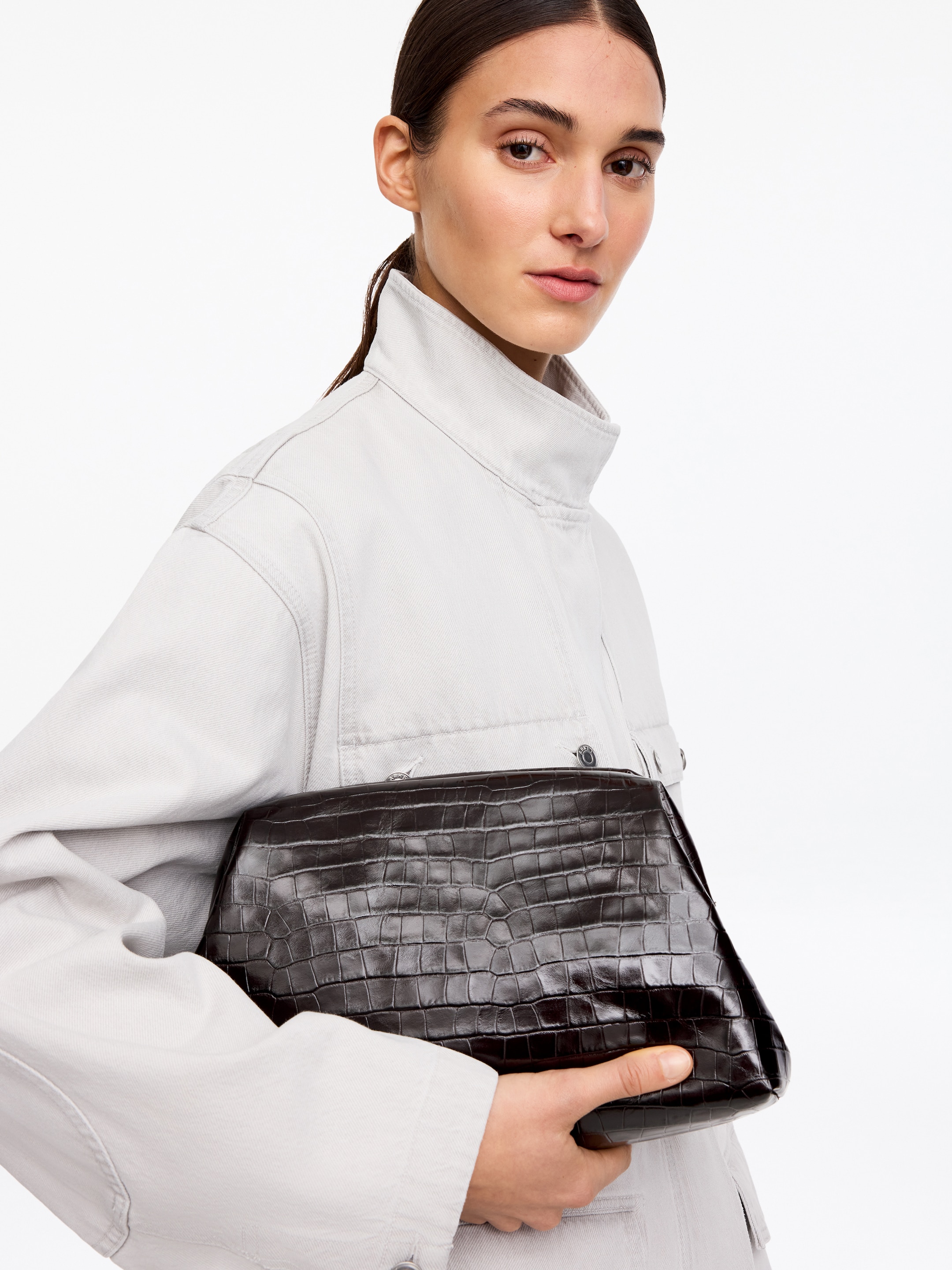 Croco-Embossed Clutch - Dark Brown/Faux Crocodile - Women - StillMedia/Lookbook - 6