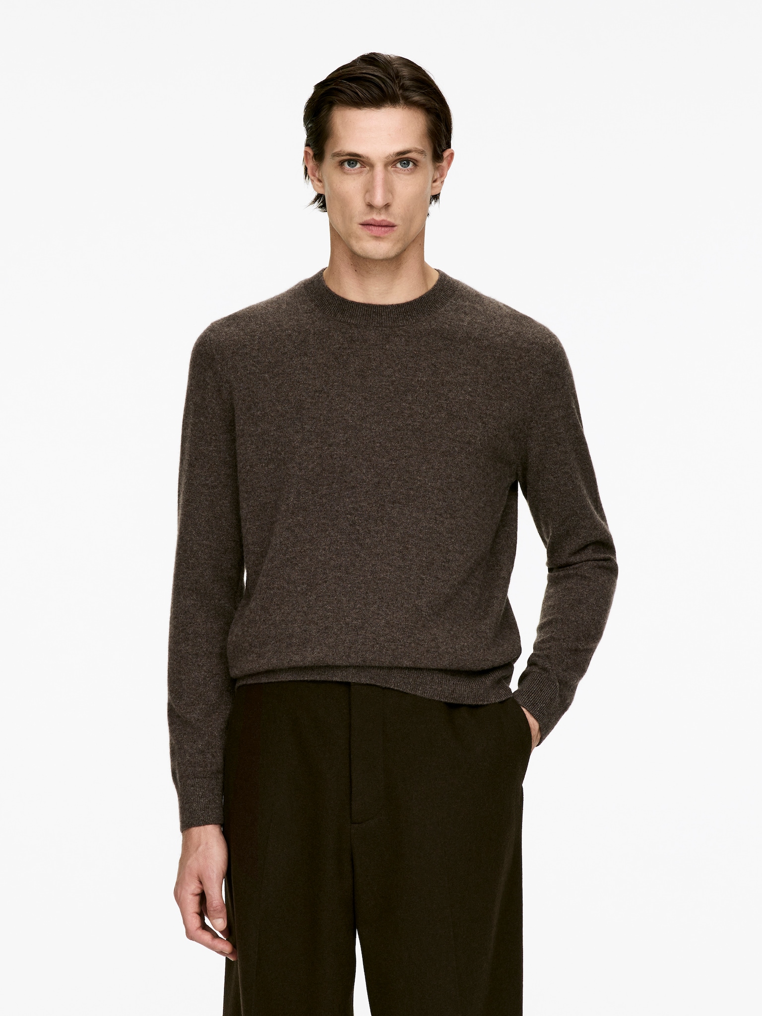 Pull à col rond en cachemire - Marron/Bleu foncé/Beige chiné