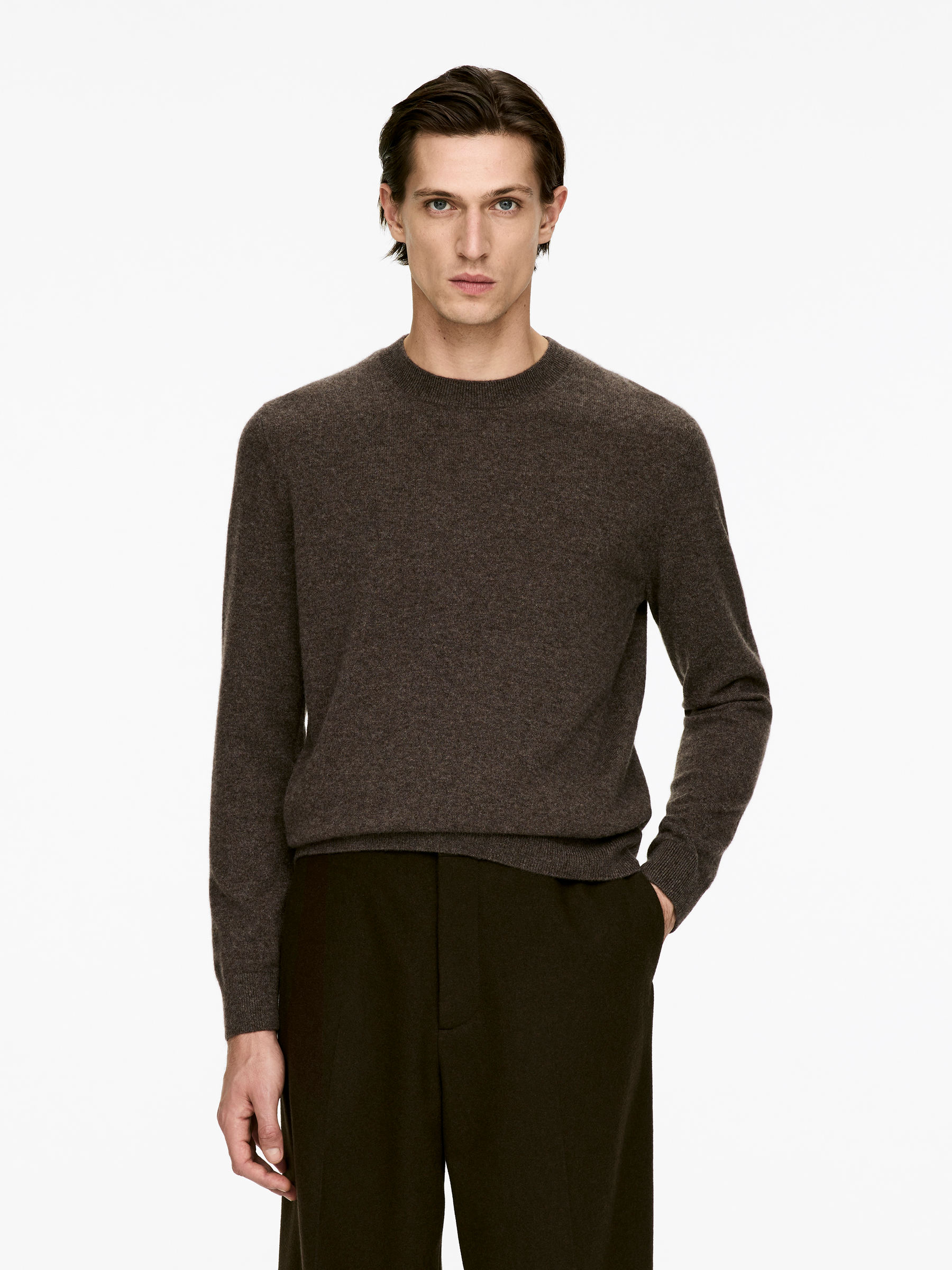 Pure Cashmere Crew-Neck Jumper-#3E3838-16651