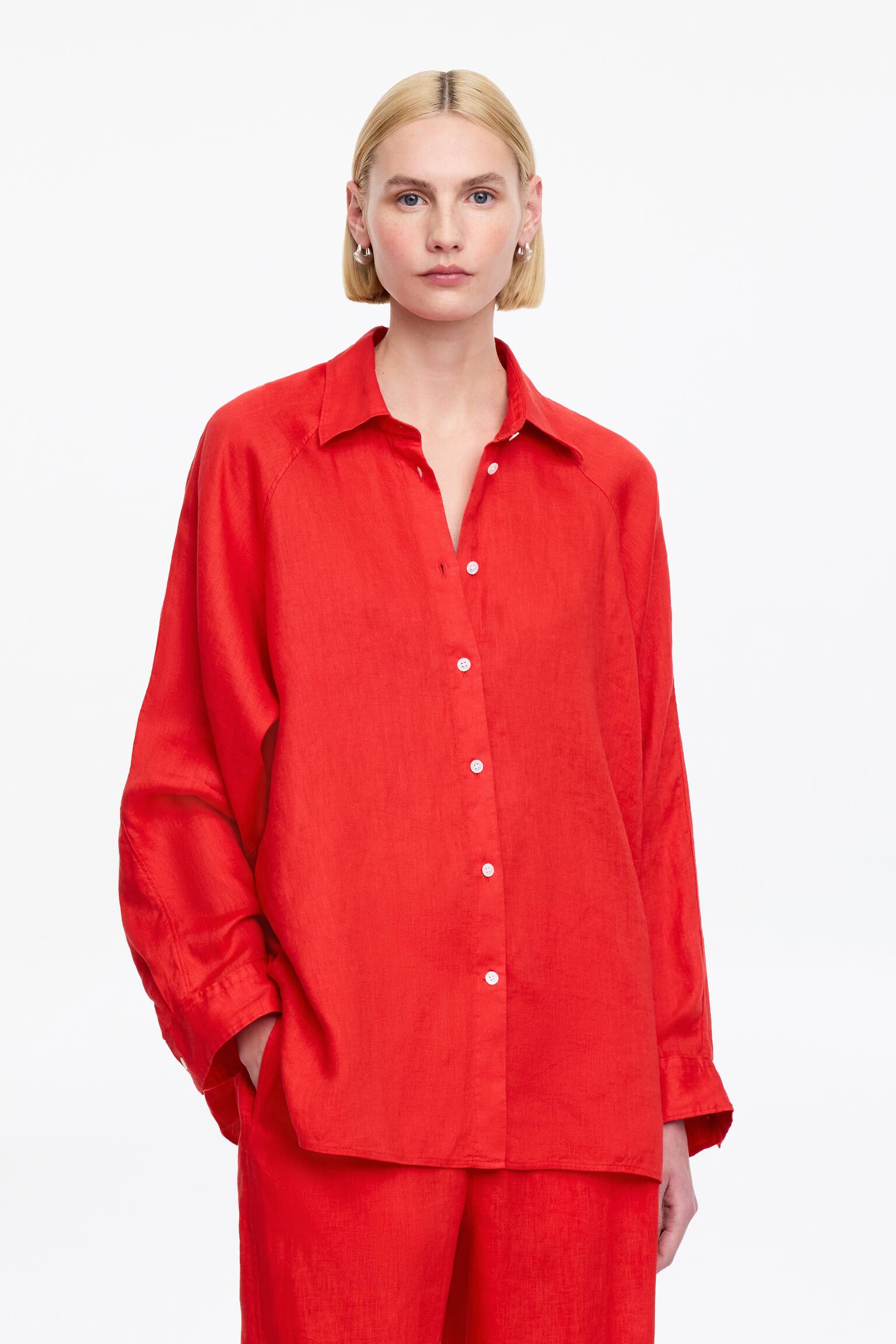 Linneskjorta med lös passform - Röd/Vit - 1