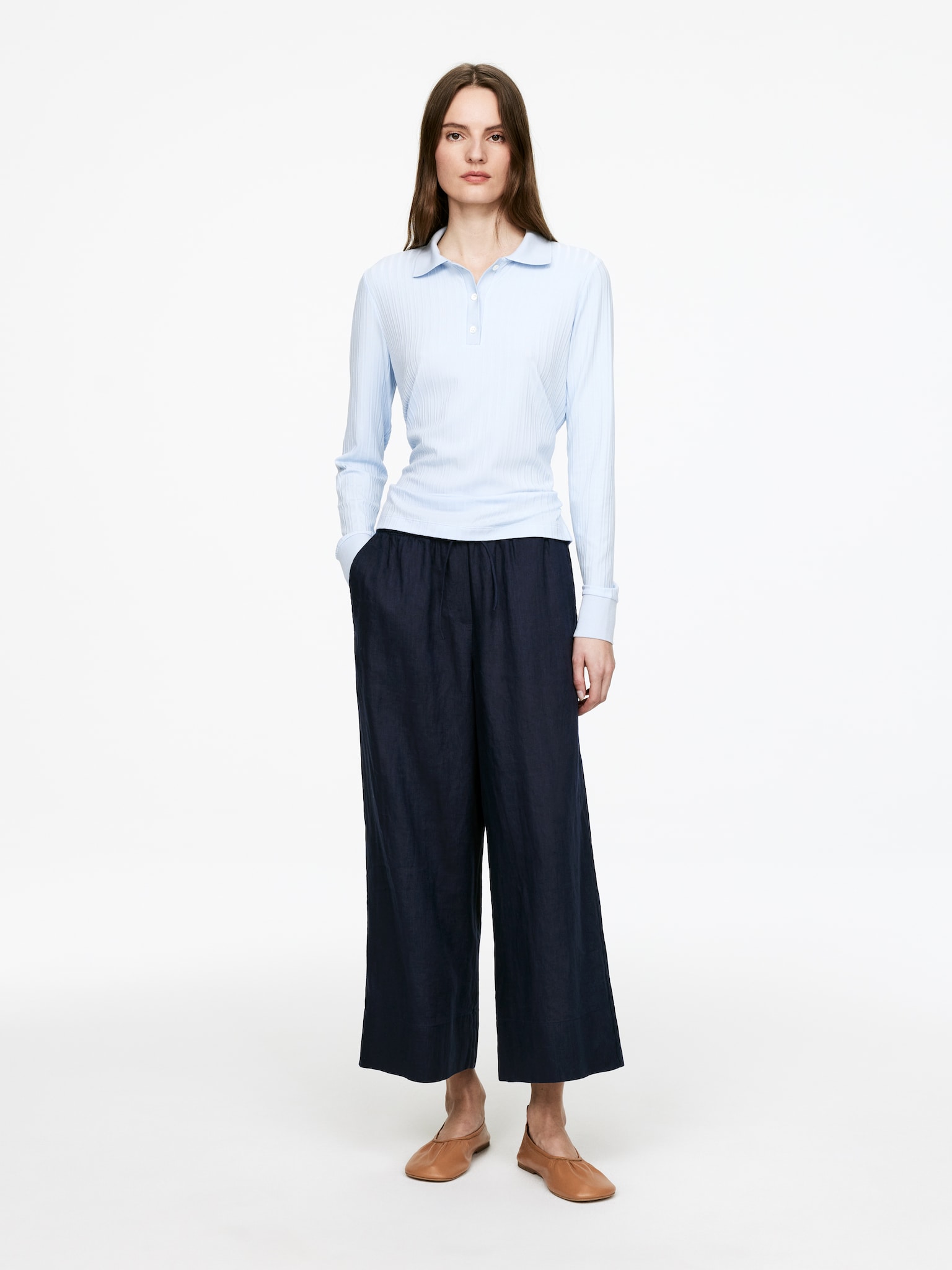 Cropped-Leinenhose - Dunkelblau/Beige