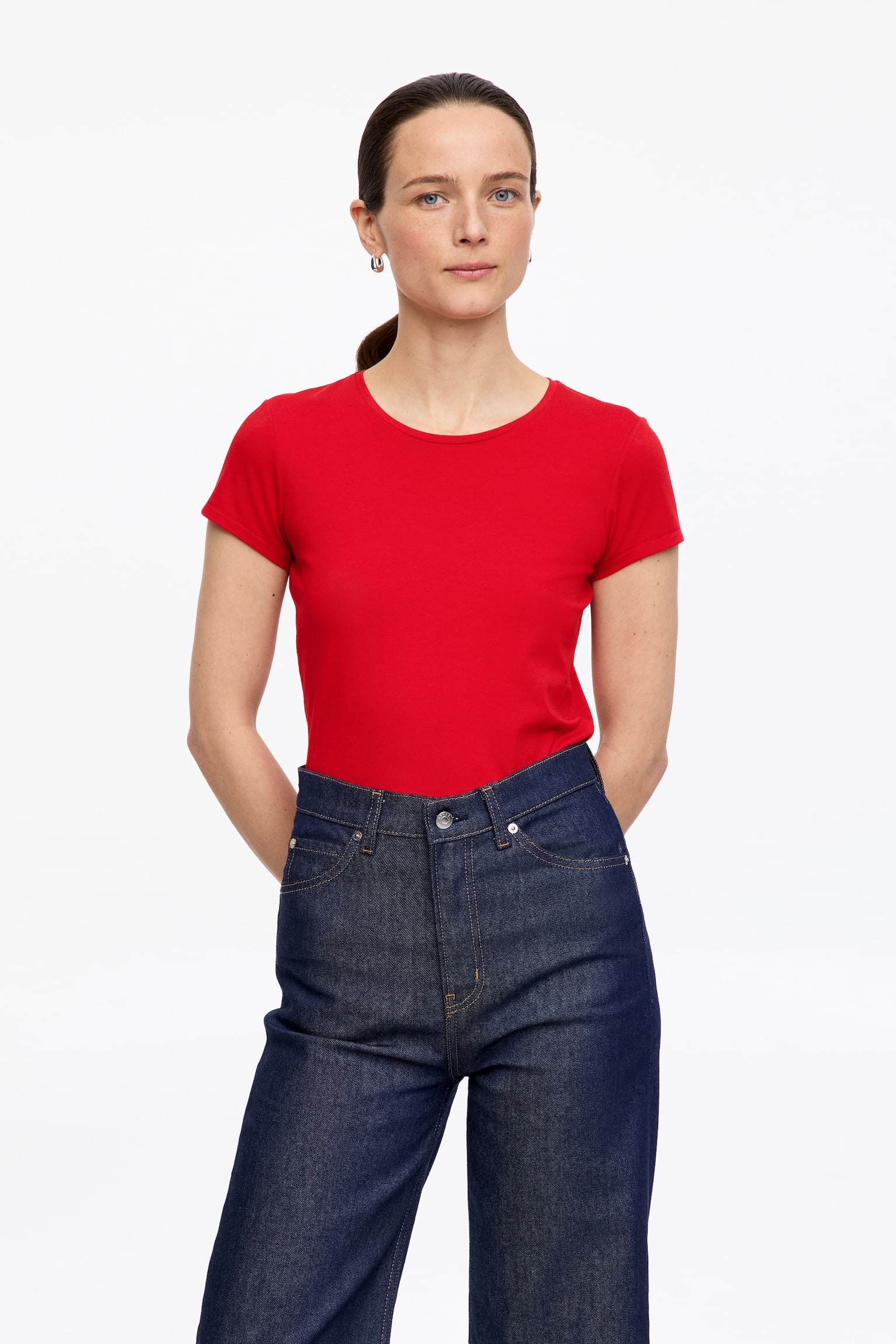 Slim-fit T-shirt met kapmouwtjes - Rood/Wit/Zwart - 1