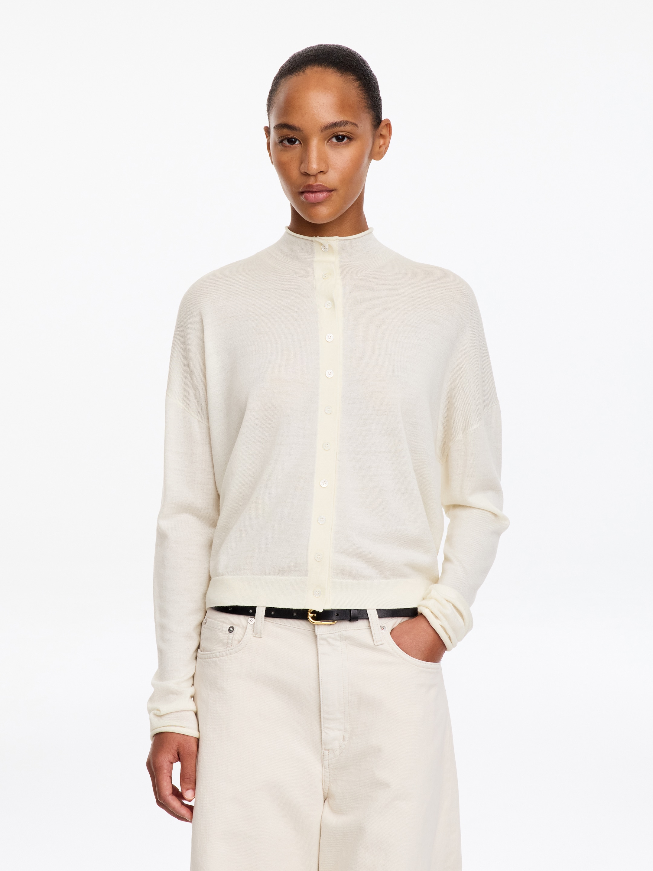 Cardigan in misto lana a collo a lupetto-White-20260