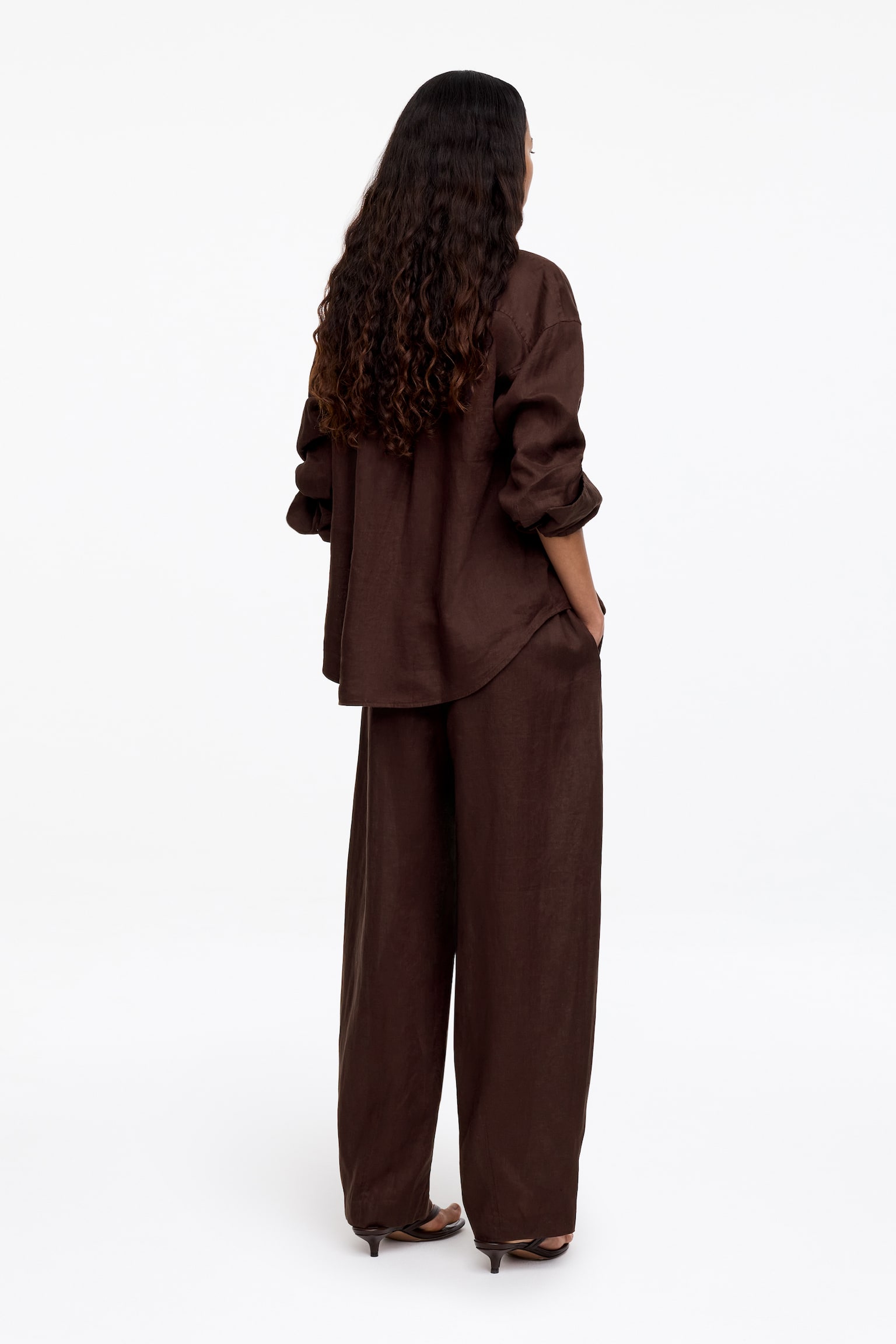 Панталони от лен с широк крачол - Тъмнокафяво/Червен - 3