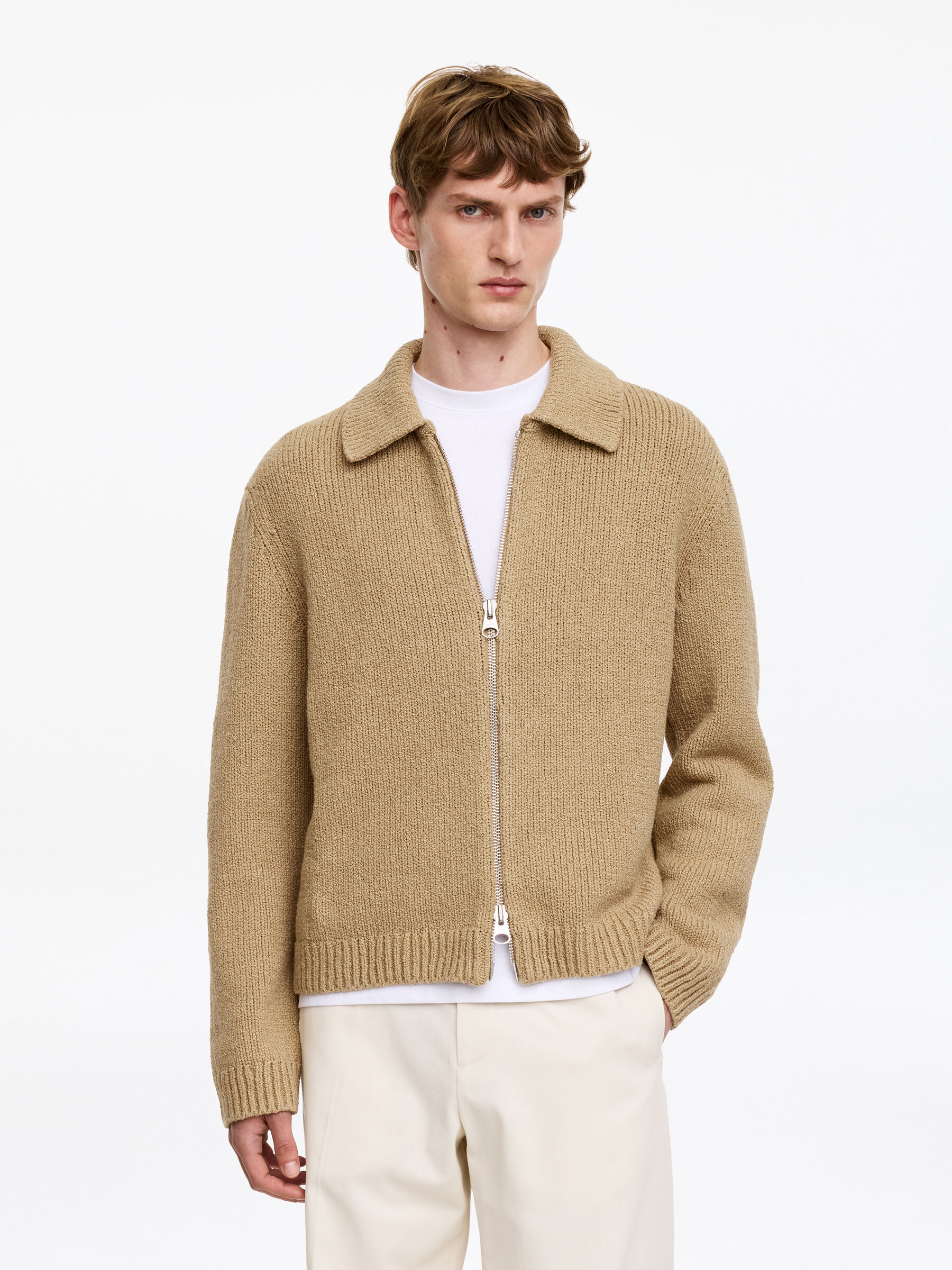 Cotton Blend Zip Cardigan-#91856F-19516